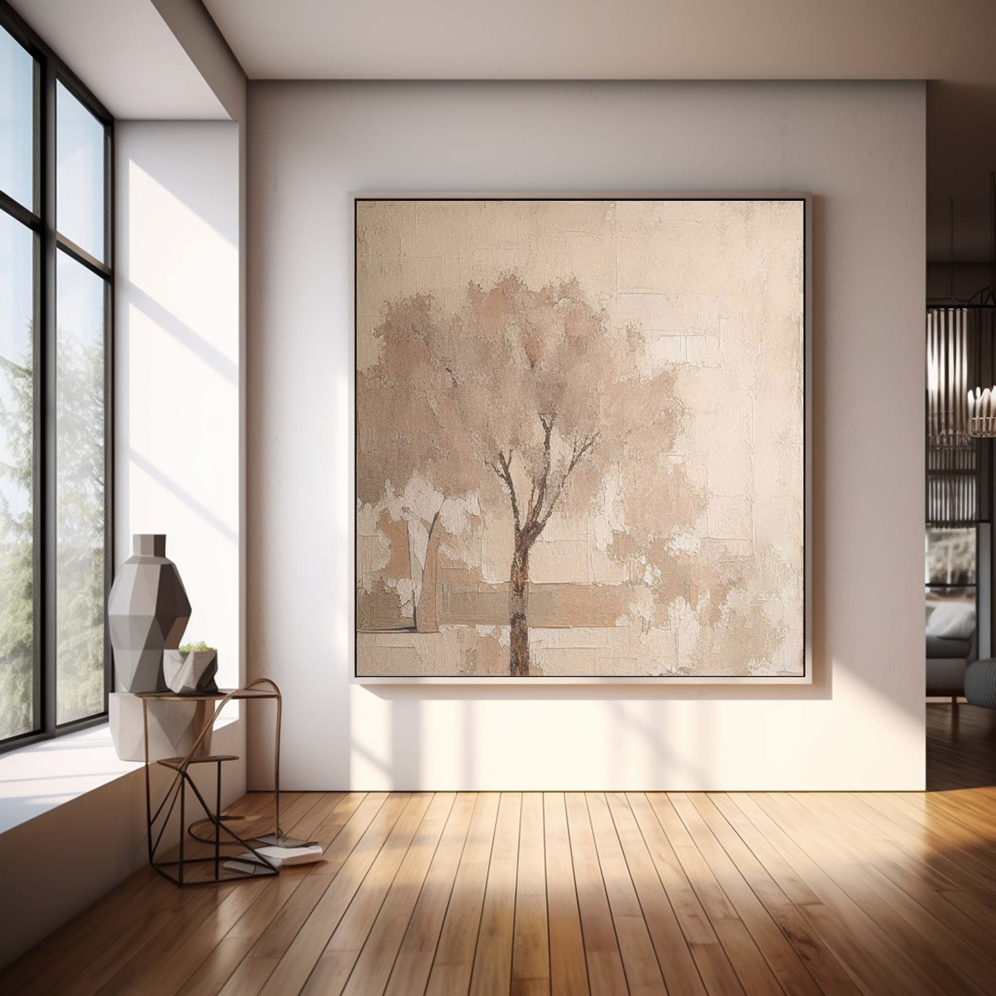 Beige Square Acrylic Painting Canvas Abstract Ink Tree Art Original Painting For Living Room