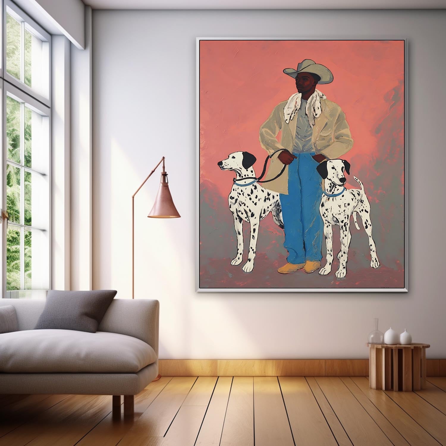 Vintage Cowboy With Dalmatian Dogs Handpainted Painting Western Style Wall Art Unique Animal Painting Dog Lovers