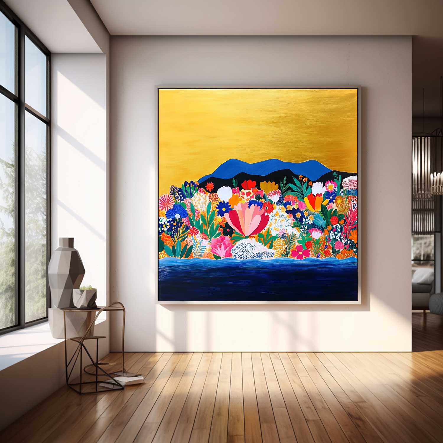 Floral Painting on Canvas Original Flower Bush Botanical Square Artwork Large Illustration style Wall Art