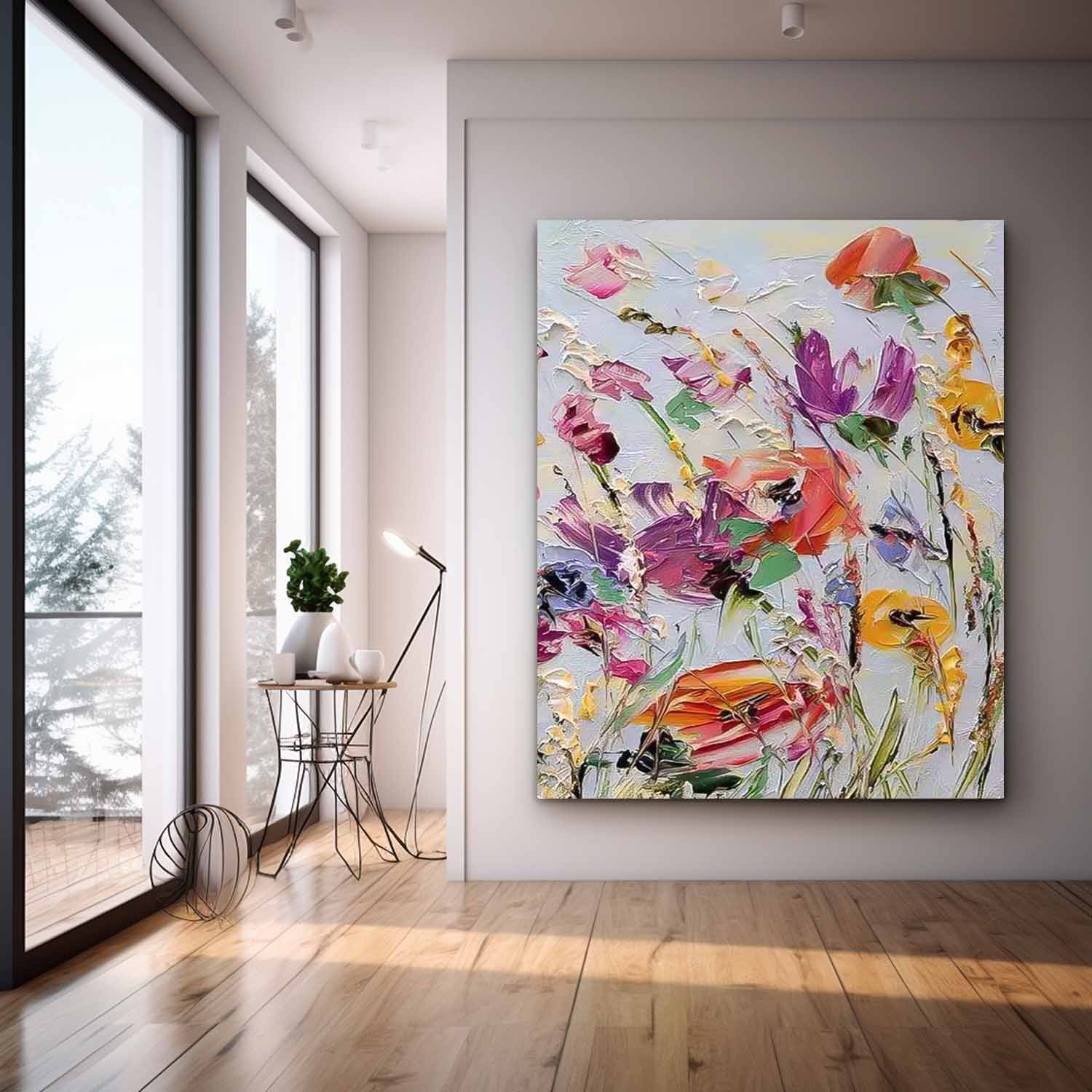 Colorful Floral Abstract Acrylic Knife Painting On Canvas Contemporary Flower Wall Art Boho Art