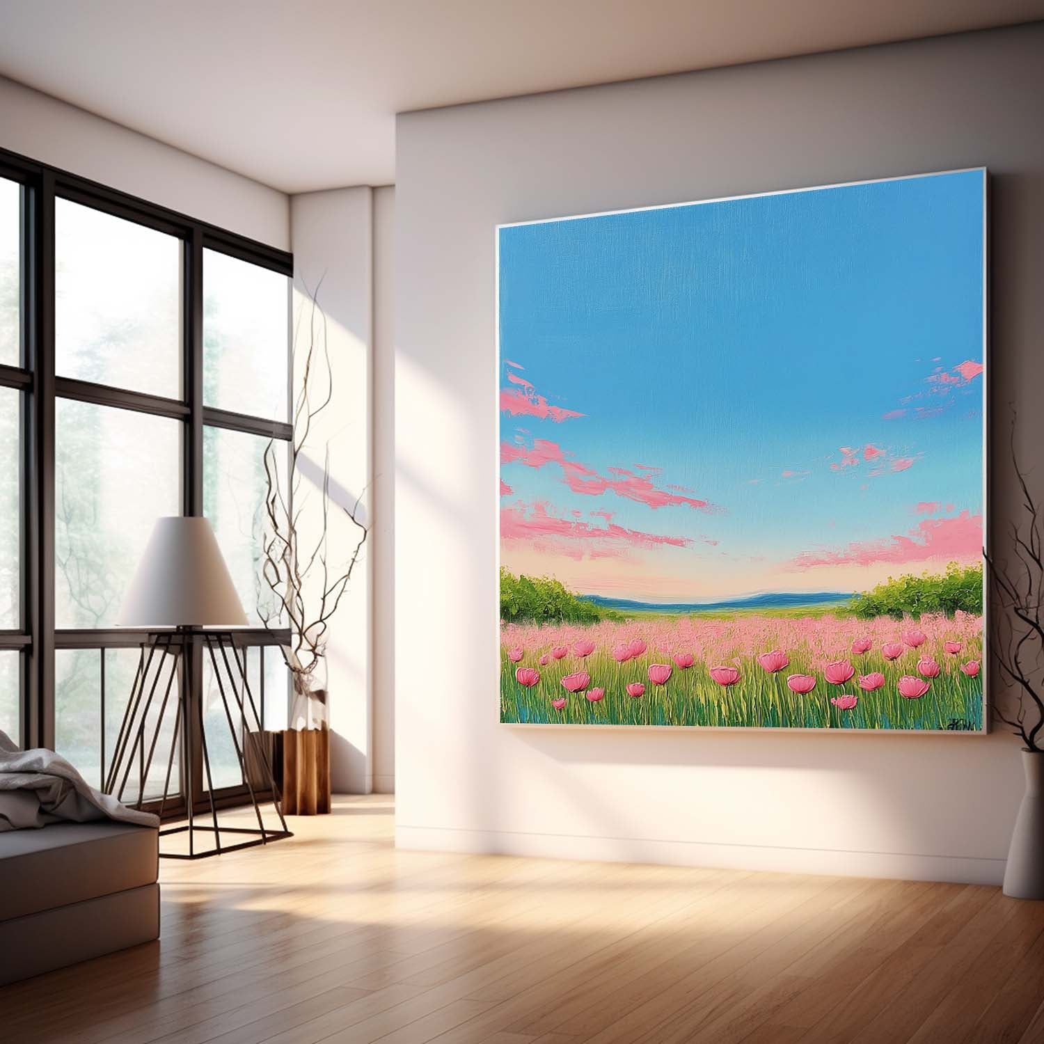 Wildflower Field Scenery Oil Painting Sunset Landscape painting Muted Country Field Wall Art Nature Artwork