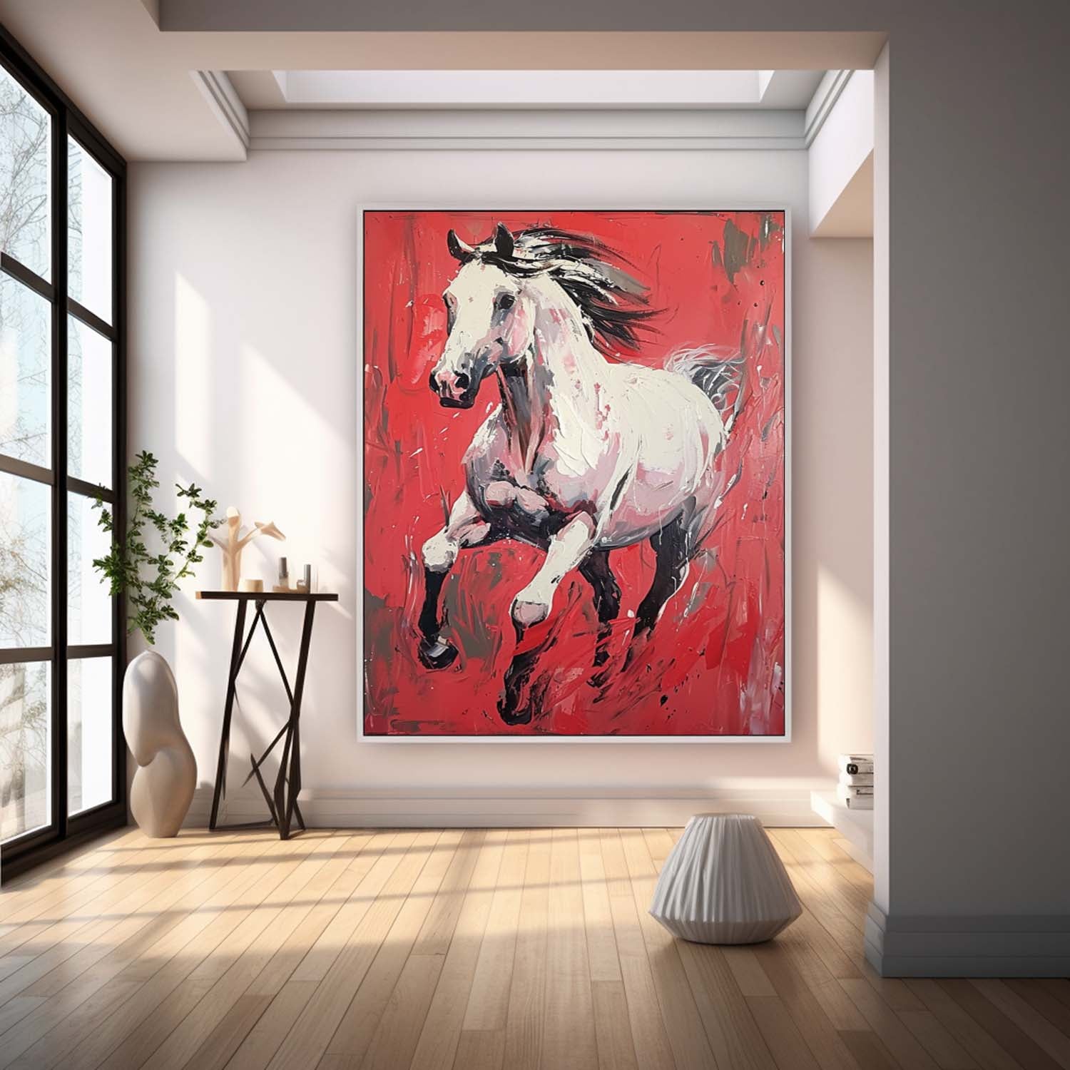 Modern Red background Texture Animal Oil Painting White Horse Oil Painting Impressionist Horse Wall Art Decor