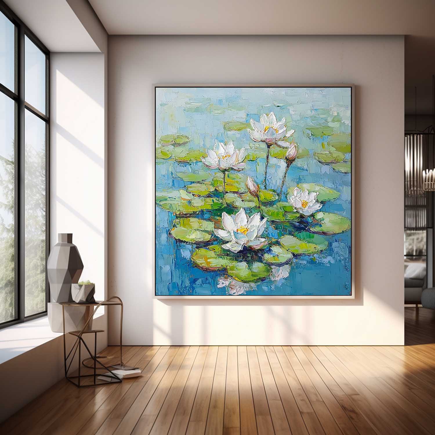 Square Contemporary White Lotus Floral Painting Large Textured Abstract Flower Paintings Original Artwork