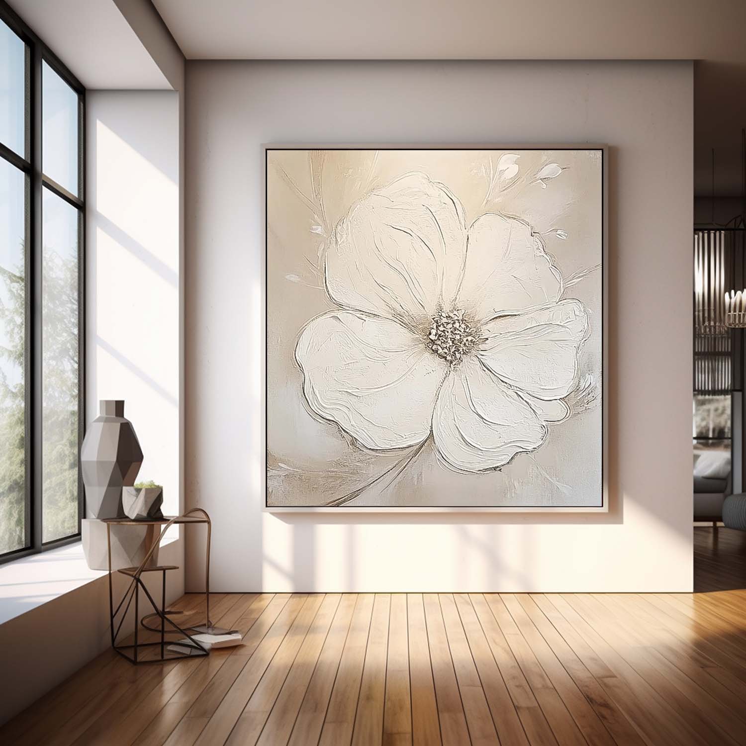 Simple Minimalist Art Original Large Textured Four Leaf Clover Painting Modern White Wall Art For Living Room
