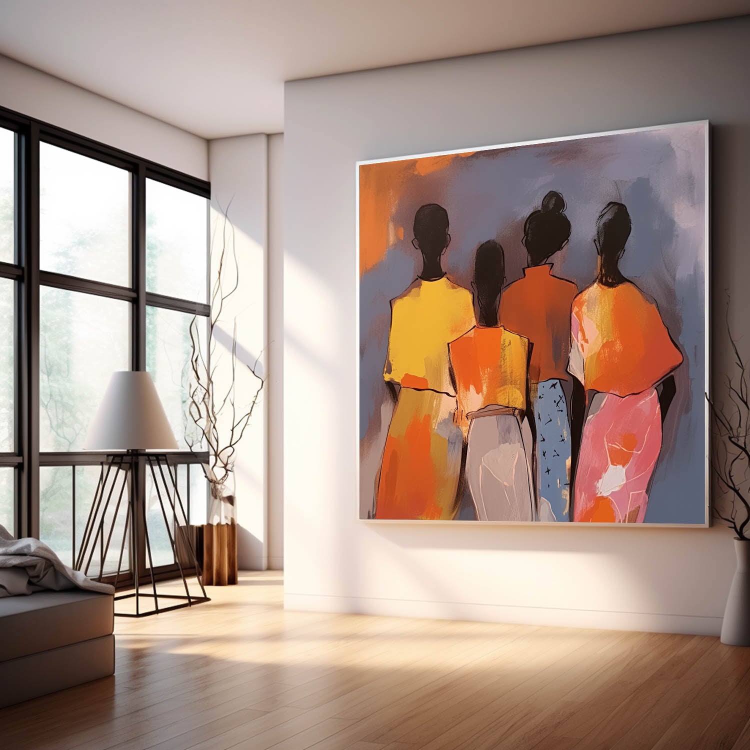 Warm Colors Four people's backs Wall Art Original Beautiful Painting Canvas Large Square Artwork Home Decor