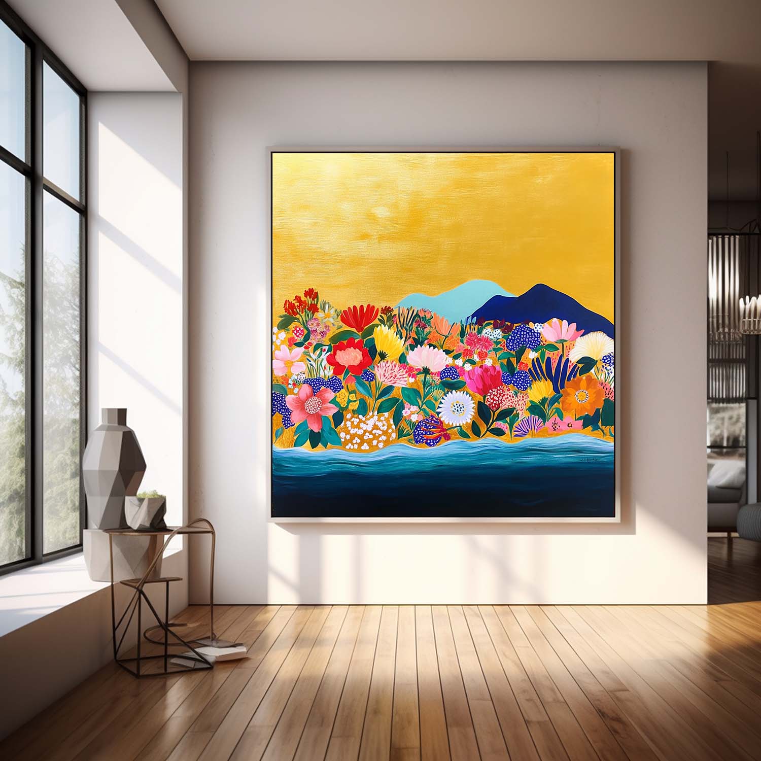 Original Flower Bush Botanical Square Artwork Floral Painting on Canvas Large Illustration style Wall Art