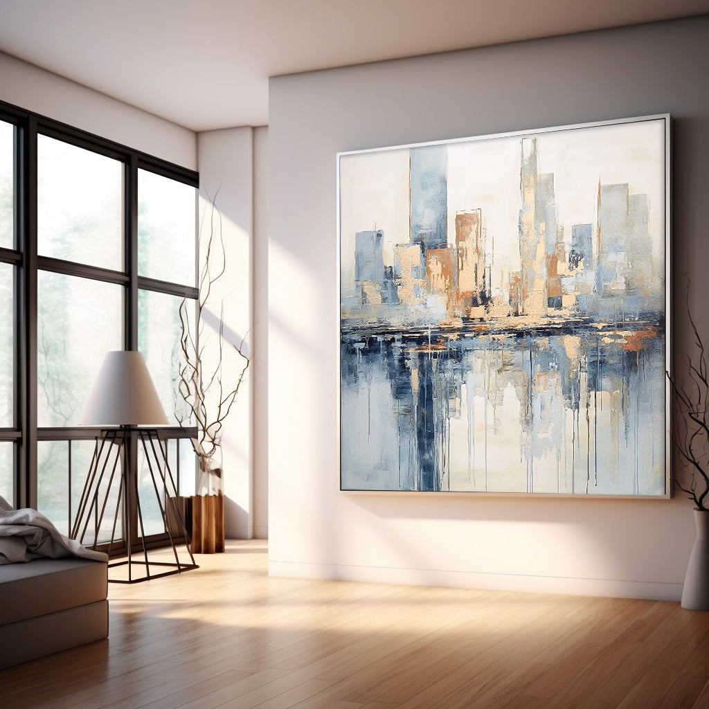 Modern Abstract Cityscape Oil Painting Large Texture Painting On Canvas Blue and Beige Wall Art Home Decor