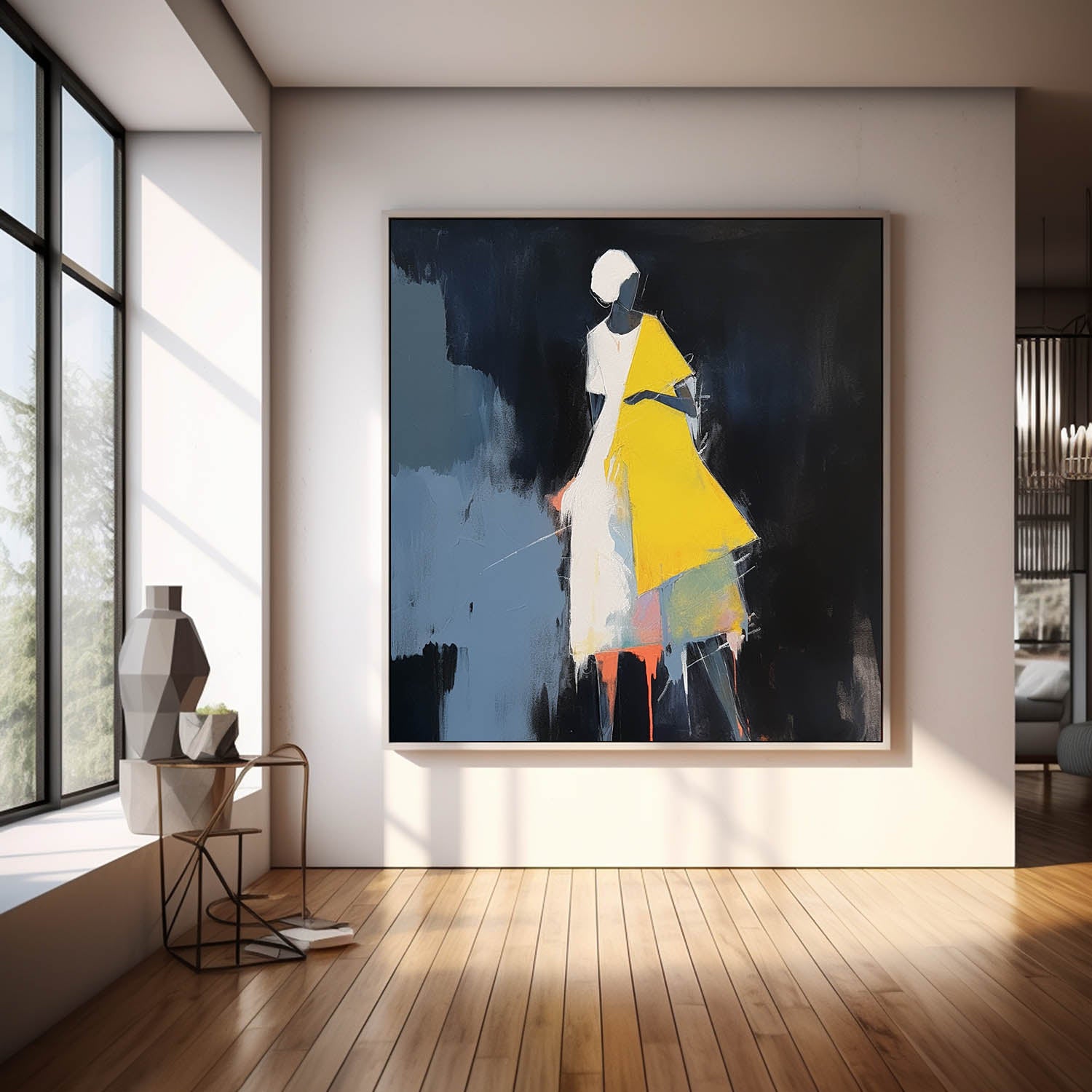 Black And Yellow Abstract people's Wall Art Original Character Outline Painting Canvas Large Square Artwork