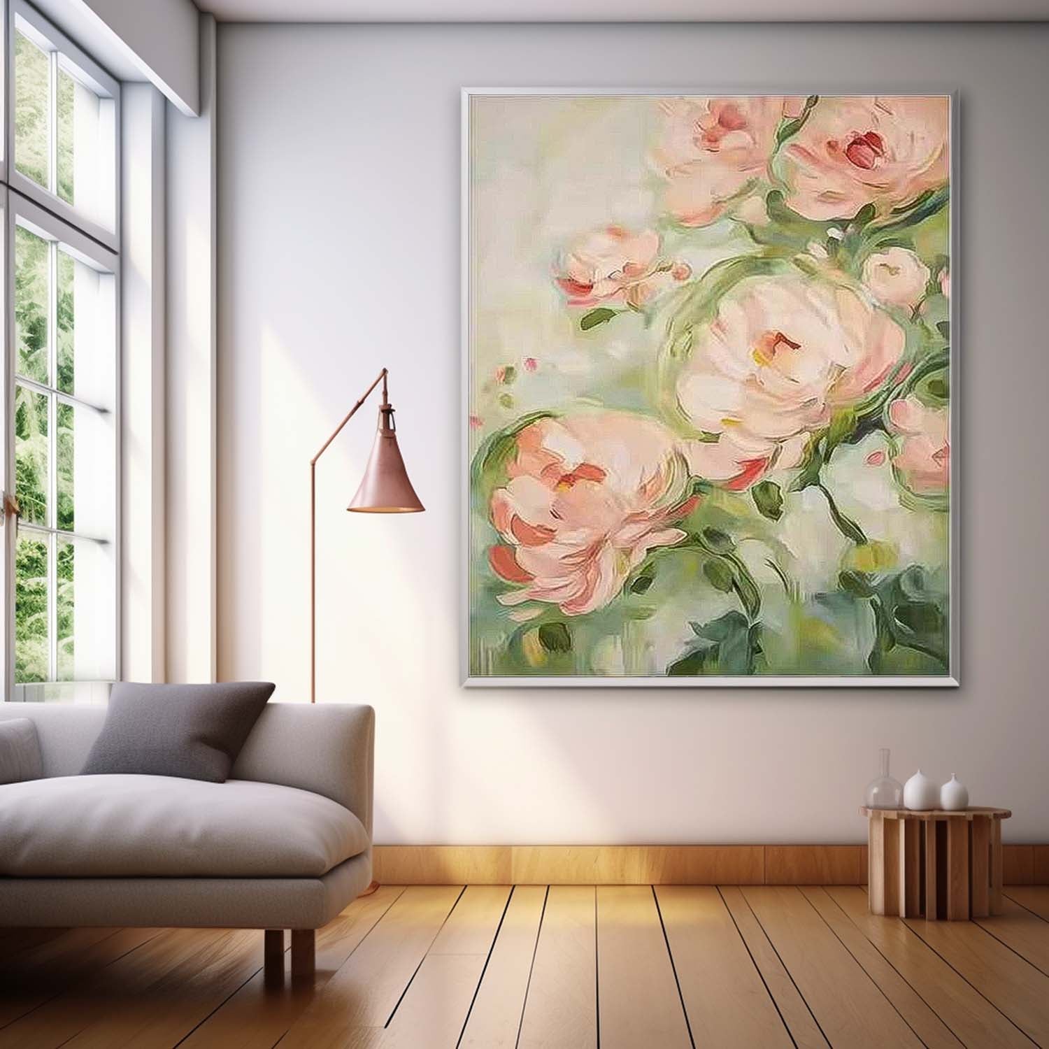 Cute Pink Flowers Textured Abstract Wall Art  Modern Floral Acrylic Painting Framed Home Decor