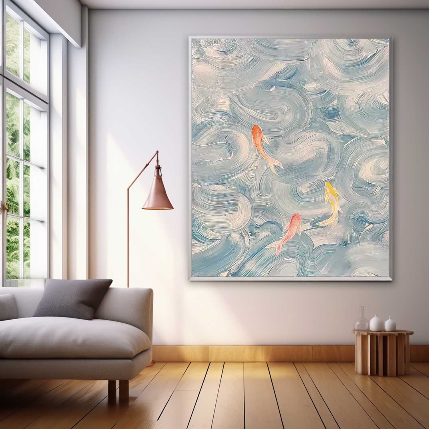 Bright Blue Large Contemporary Acrylic Painting On Canvas Abstract Goldfish Oil Painting Original Artwork Decor