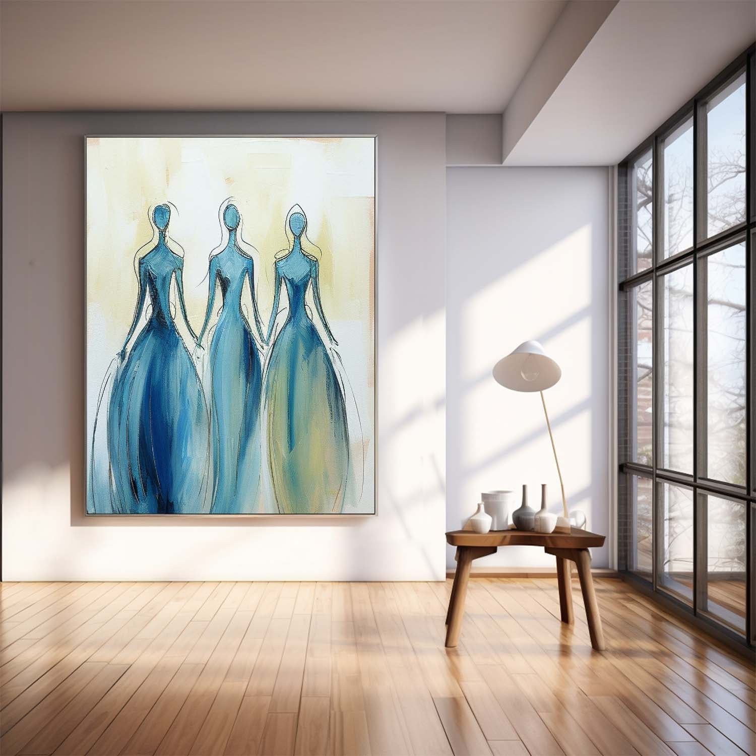 Modern Blue Minimal Abstract Painting Figure Neutral Wall Decor Line Contemporary Gallery Wall Art