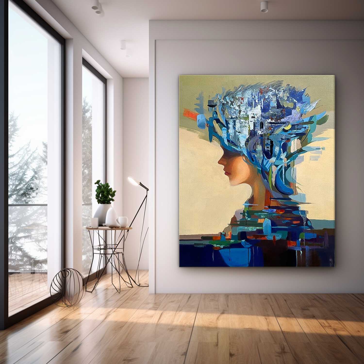 Original Blue Wall Art Abstract Lady Painting Woman Face Artwork Large Leaf Faceless Portrait Painting