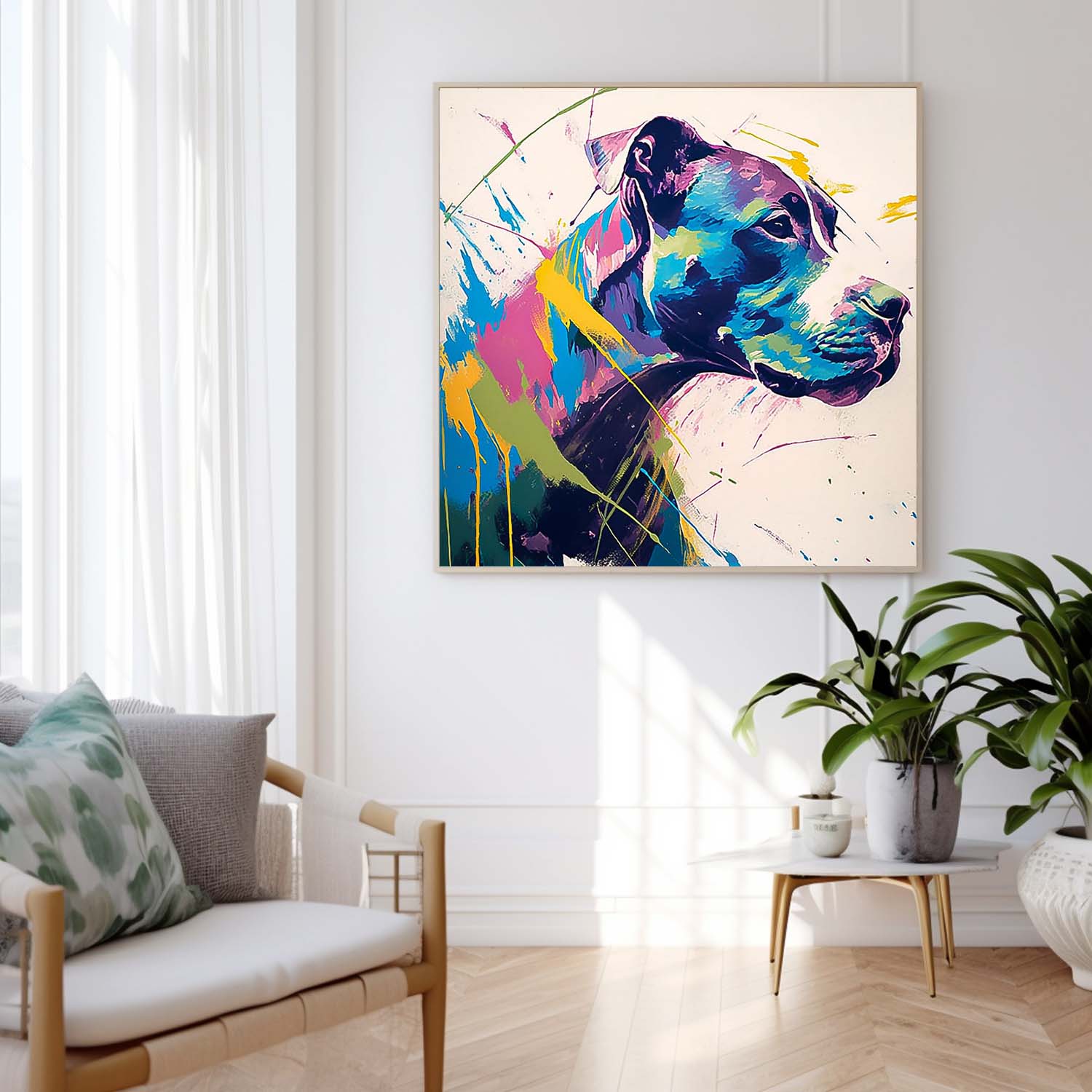 Large Colorful Animal Artwork Original Lovely Dog Wall Art Square Pooch Oil Painting Canvas Home Decor