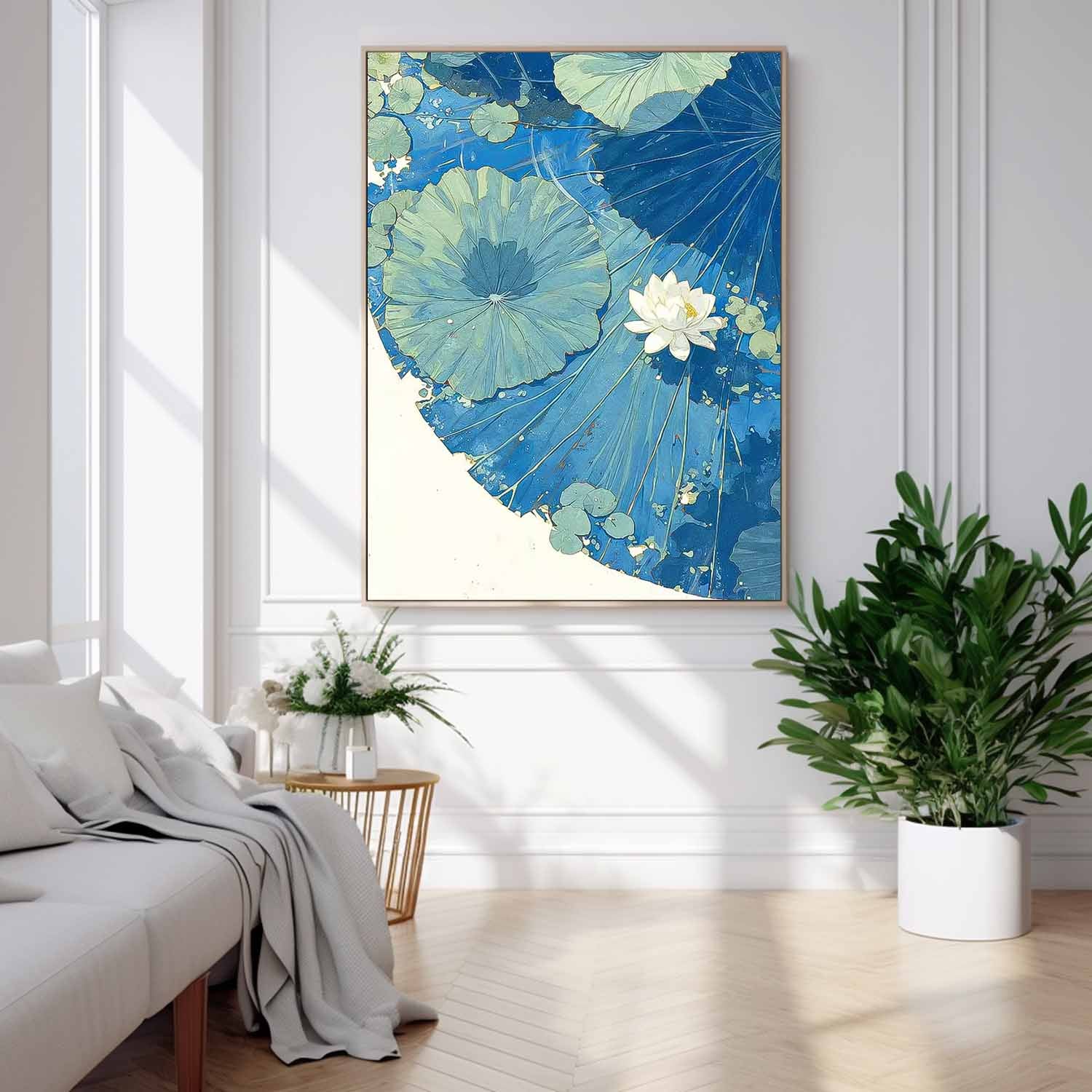 Abstract Blue Lotus Leaf Oil Painting On Canvas Big Original Texture Beautiful Lotus Artwork Framed Home Decor