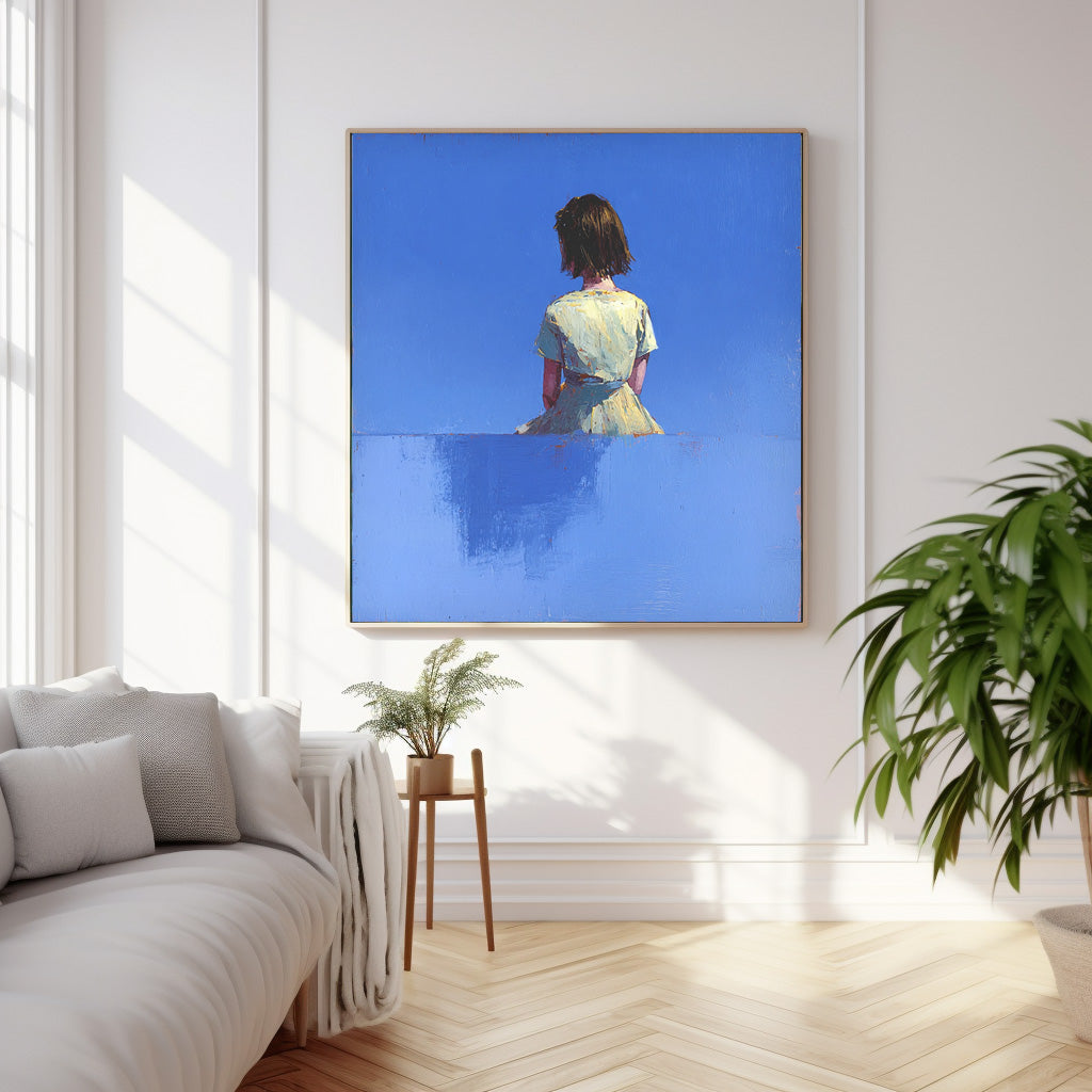 Abstract Warm atmosphere Art Minimalist Girl Back View Painting Original Blue Wall Art For Living Room