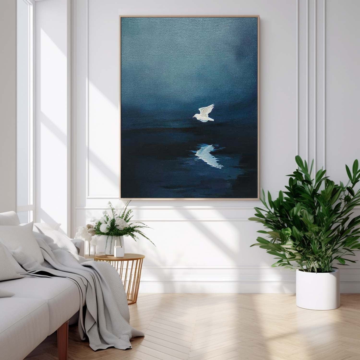 Large Blue Lake Surface Wall Art Minimalist Pigeon Abstract Canvas Oil Painting Original Hand-Painted Artwork