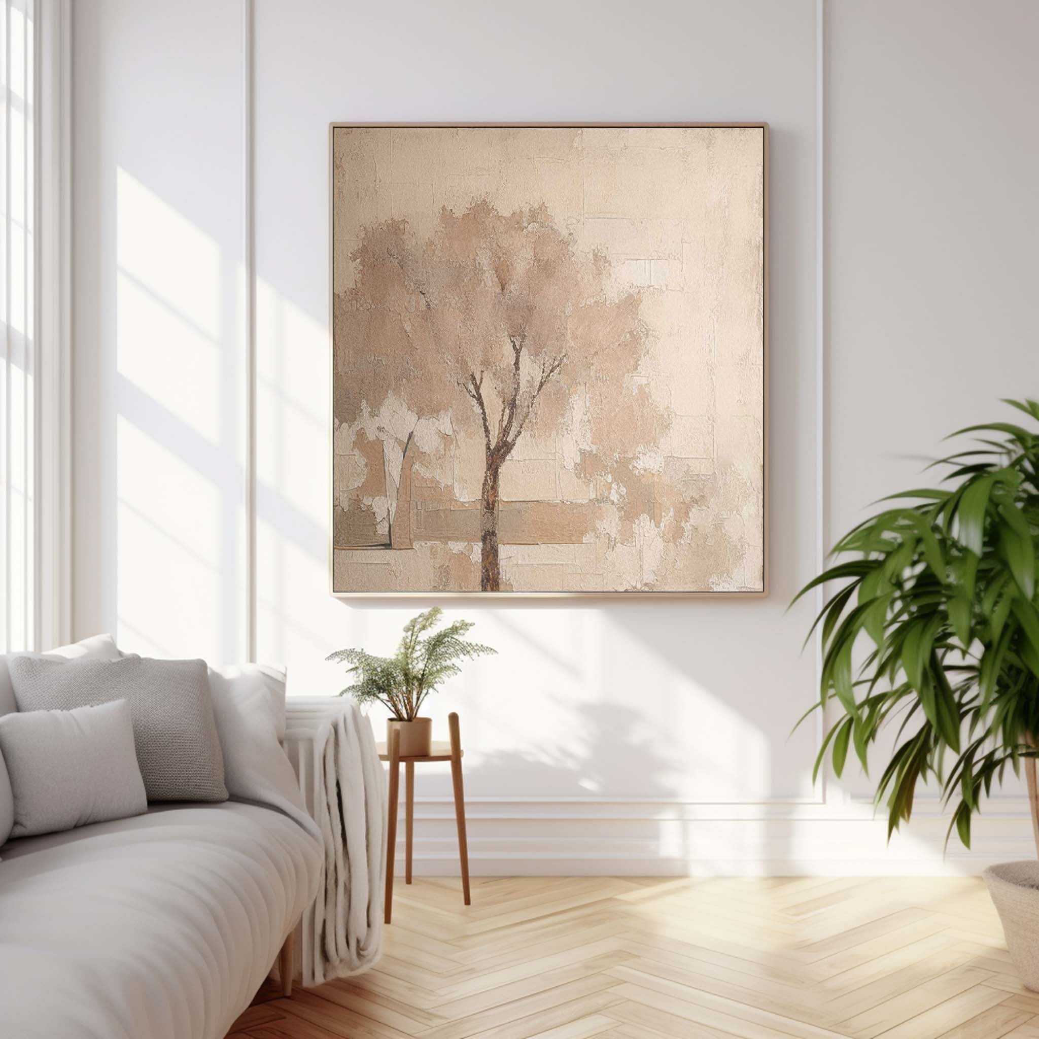 Beige Square Acrylic Painting Canvas Abstract Ink Tree Art Original Painting For Living Room