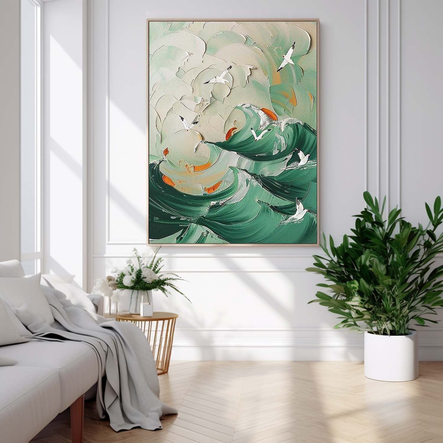Original Abstract Beach Oil Painting On Canvas Large 3D Green Ocean Wall Art Seagull Artwork Decor