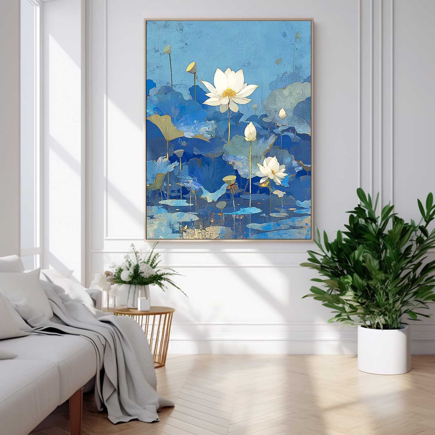 Abstract Lotus Flower Oil Painting On Canvas Big Original Texture Beautiful Blue Flowers Artwork Framed