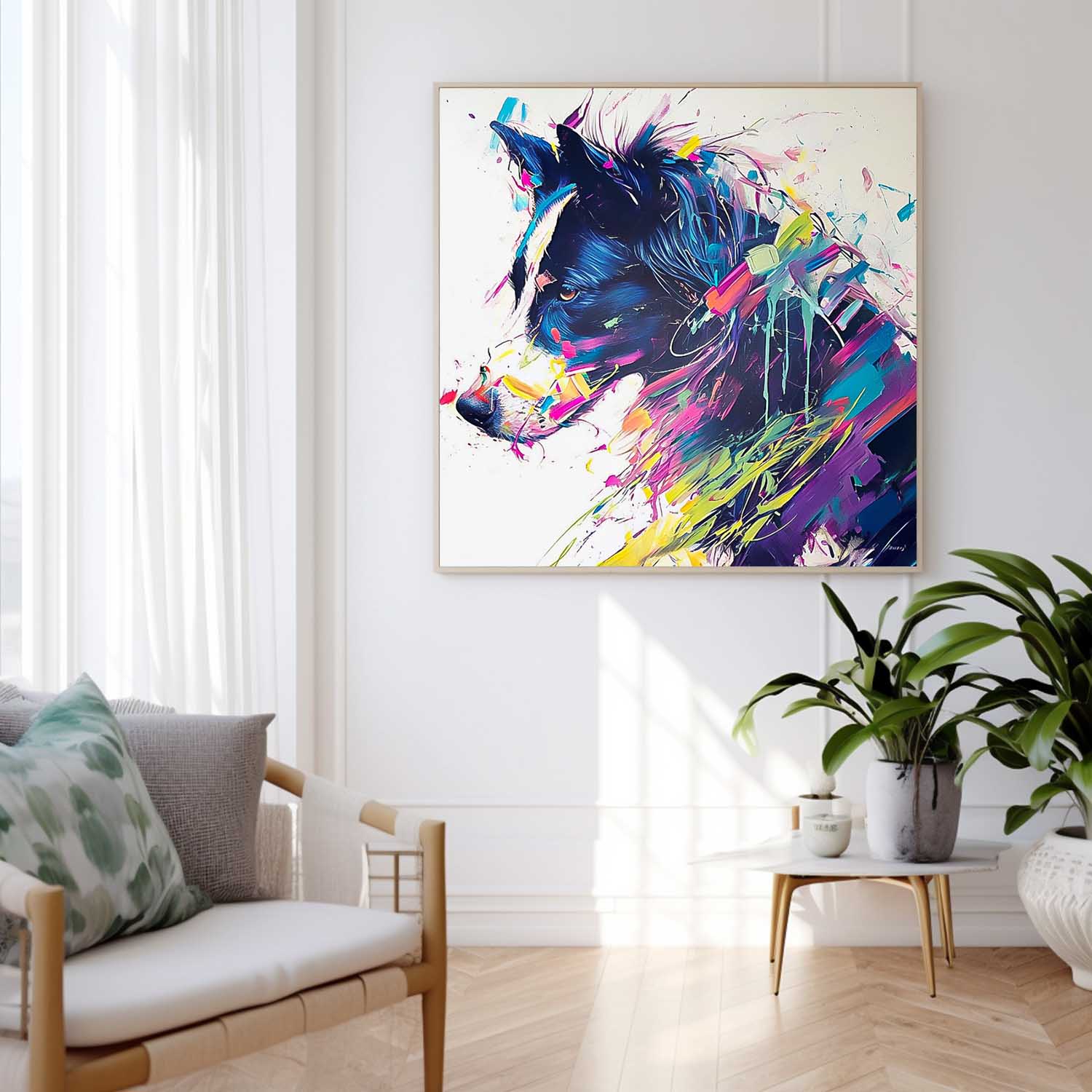 Square Pooch Oil Painting Canvas Large Colorful Animal Artwork Original Lovely Dog Wall Art Home Decor