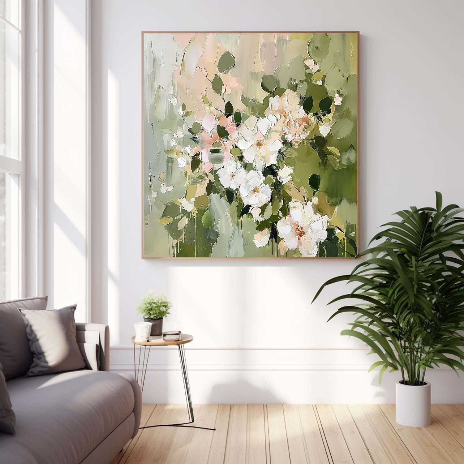 Square Original  Fresh White Flowers Painting Large Green Acrylic Painting Modern Floral Oil Painting On Canvas