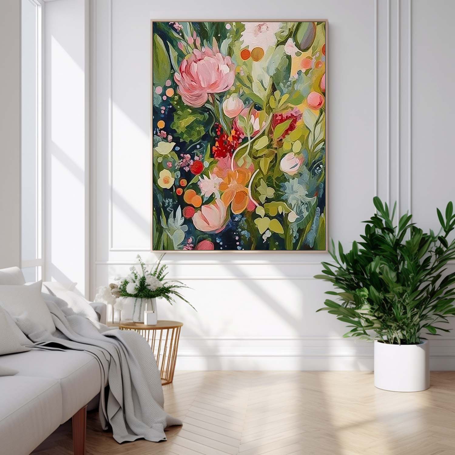 Original Green Flower Wall Art Abstract Boho Modern Floral Acrylic Painting On Canvas Living Room Wall Decor