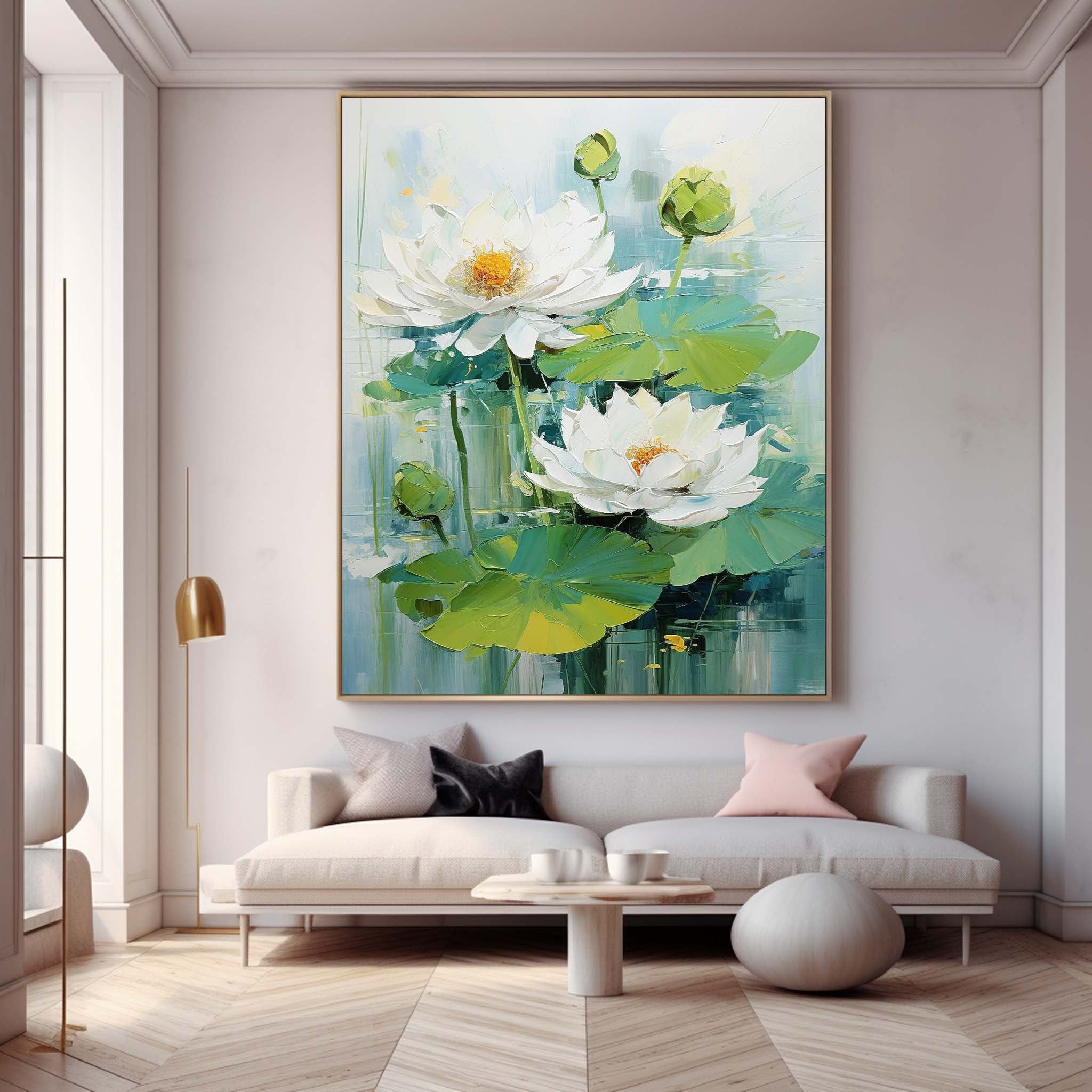 Lotus Painting Framed Large White Flower Wall Art Abstract Flower Acrylic Painting Textured Floral Painting