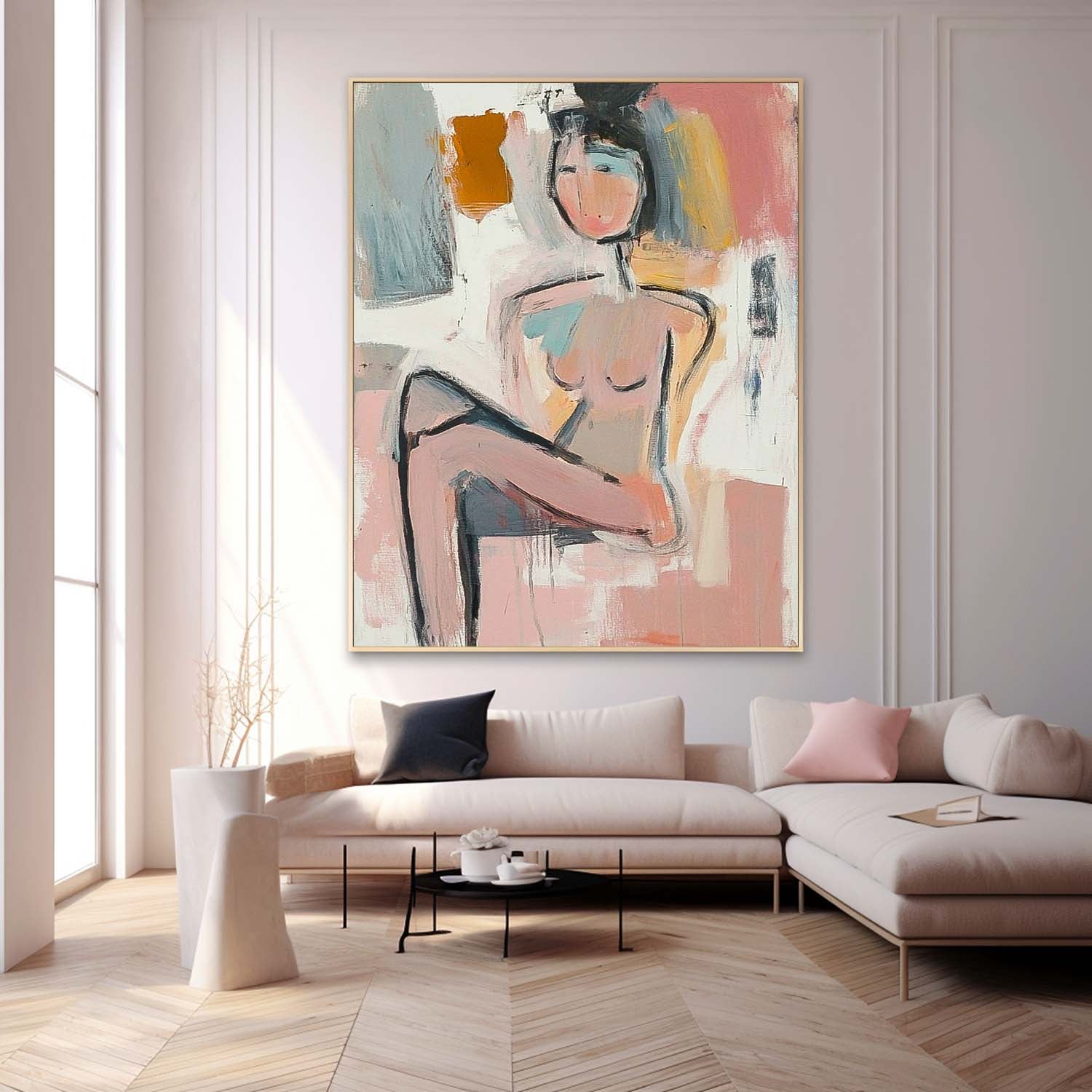 Abstract Doodle Artwork Large Girl Painting Abstract Lady Painting Original Wall Art Framed For Living Room