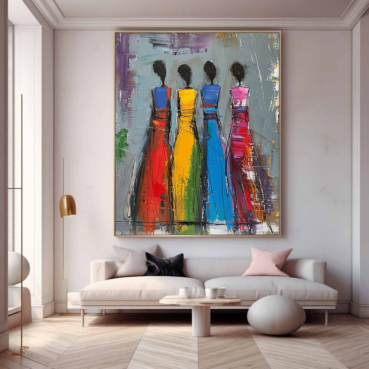 Colorful Four Women Silhouettes Painting Original Modern Wall Art Big Multicolor Girl Painting Framed