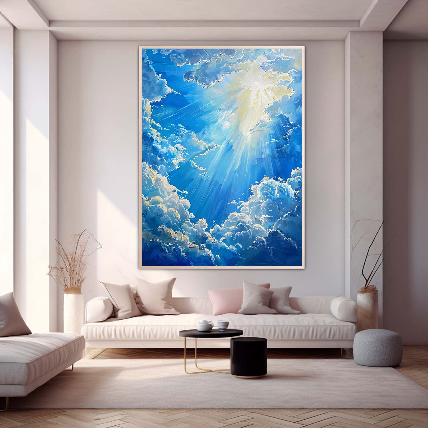 Bright Blue Cloudiness Texture Large Cloud Painting On Canvas Abstract Cloud Oil Painting Living Room