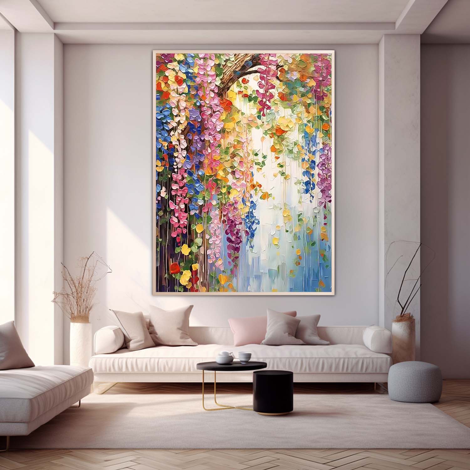 Colorful Petal Abstract Acrylic Painting On Canvas Contemporary Flower Waterfall Wall Art Spring Artwork