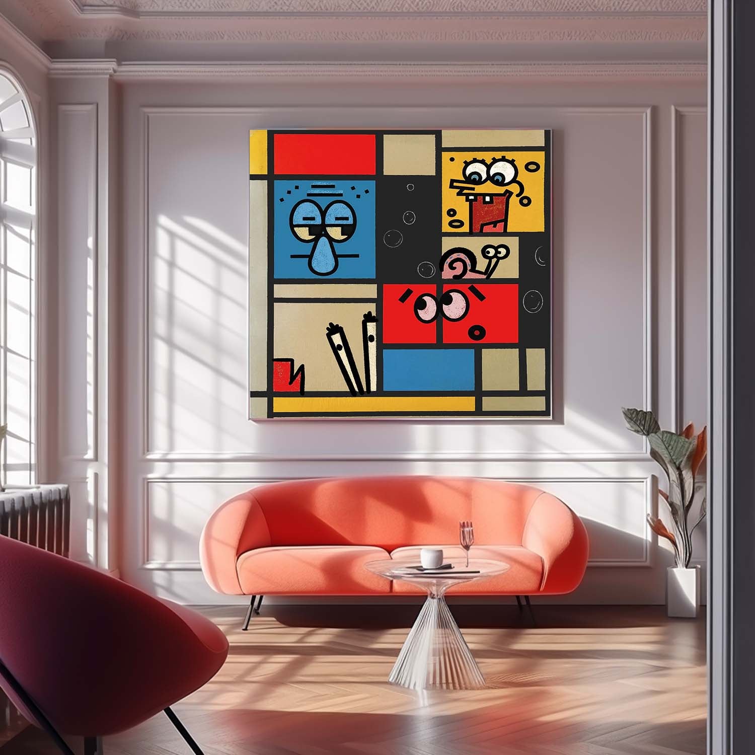 Geometric Cartoon Large Texture Abstract Wall Art Abstract SpongeBob Oil Painting Canvas Framed Home Decor