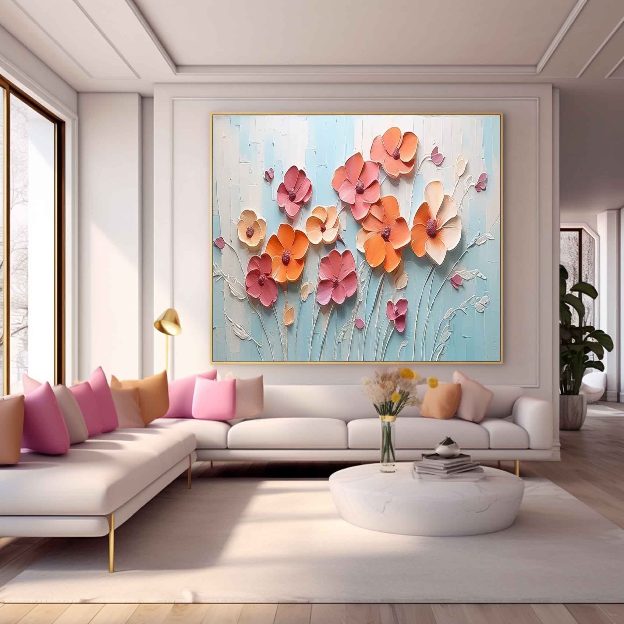Spring Flowers Drawing Large Textured Floral Acrylic Painting Modern Original Framed Floral Wall Art