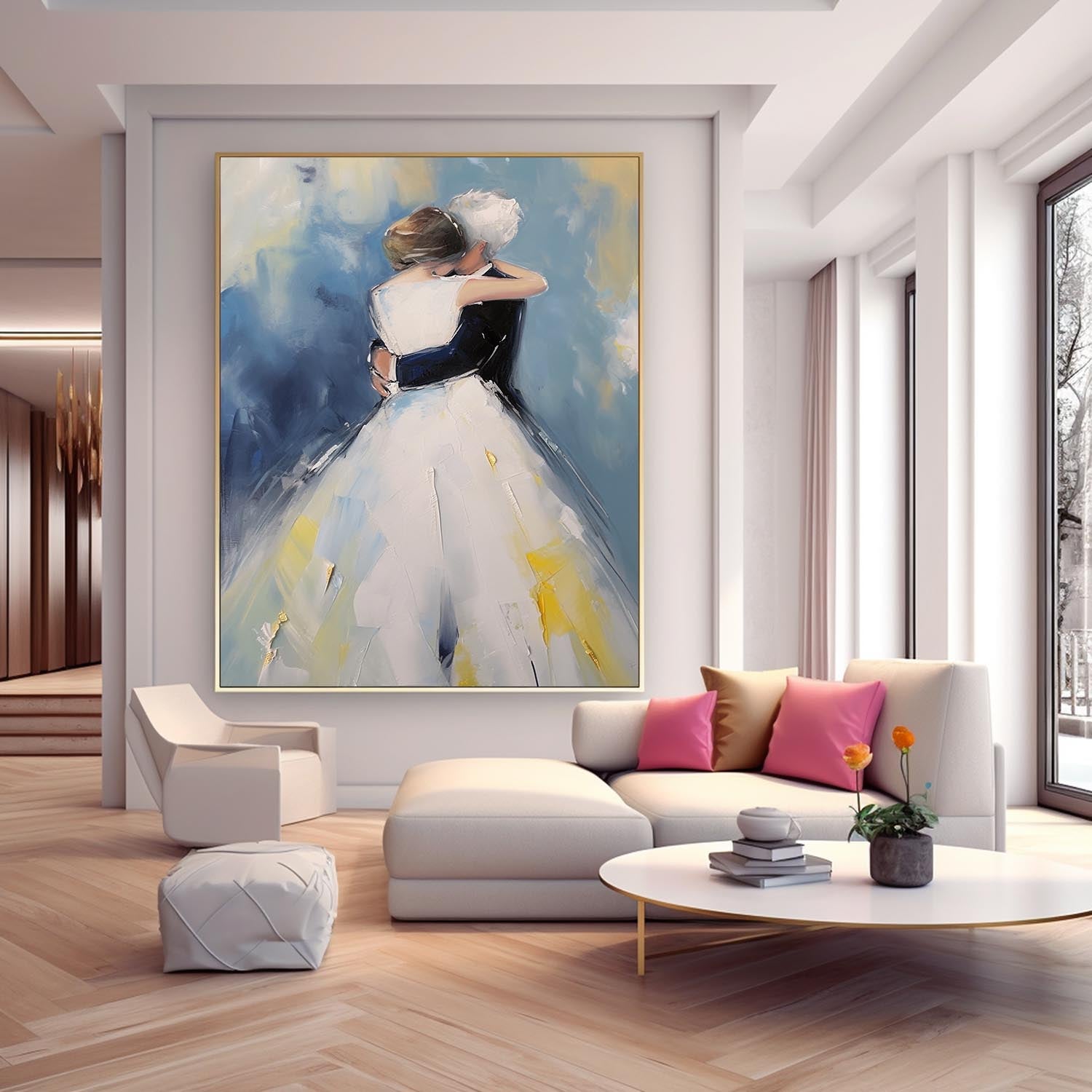 Large Texture Painting Framed Wedding Artwork Original Wall Art Character Outline Painting Anniversary Wedding Gift