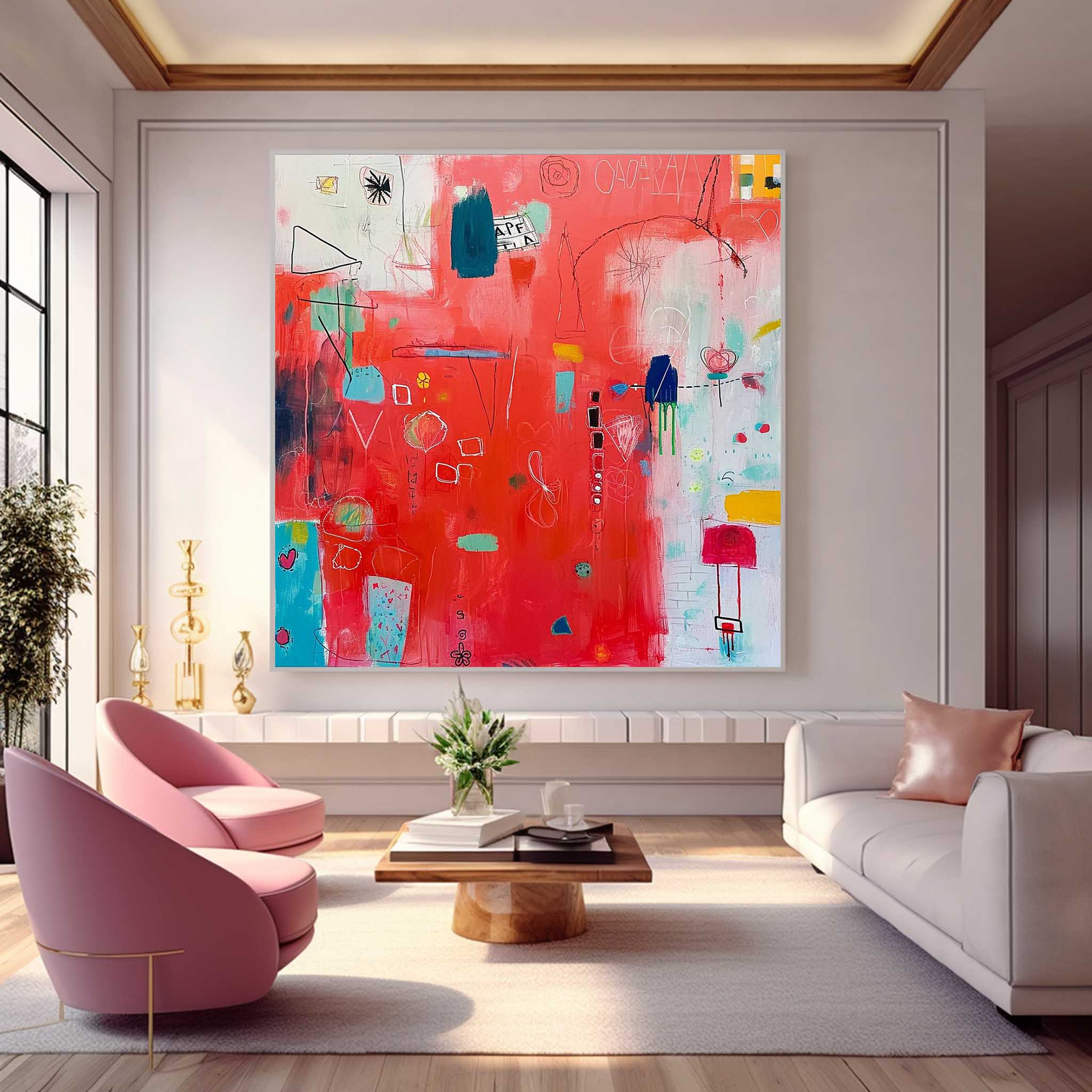 New Red Abstract Painting Contemporary Abstract Oil Painting Funny Doodles Original Wall Art Home Decor