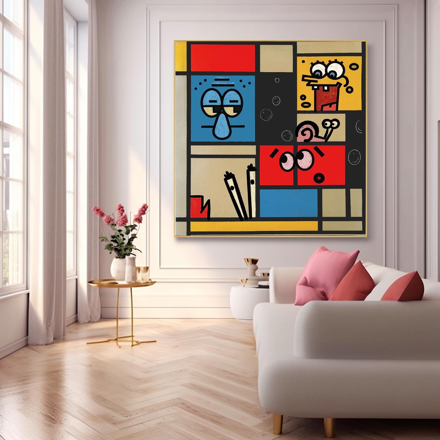 Geometric Cartoon Large Texture Abstract Wall Art Abstract SpongeBob Oil Painting Canvas Framed Home Decor