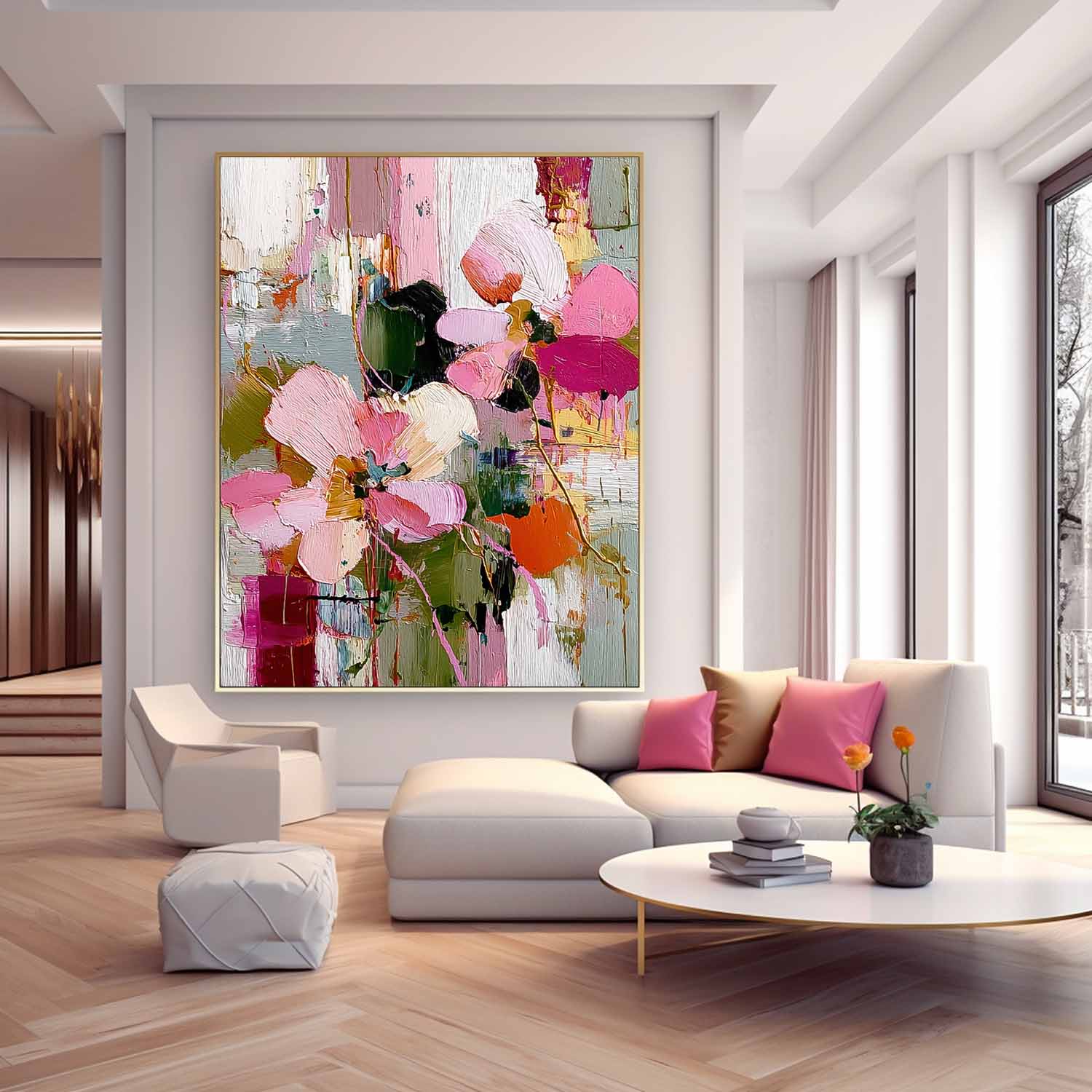 Large Pink Flower Abstract Painting Canvas Original Artwork Texture Plant Wall Art For Living Room