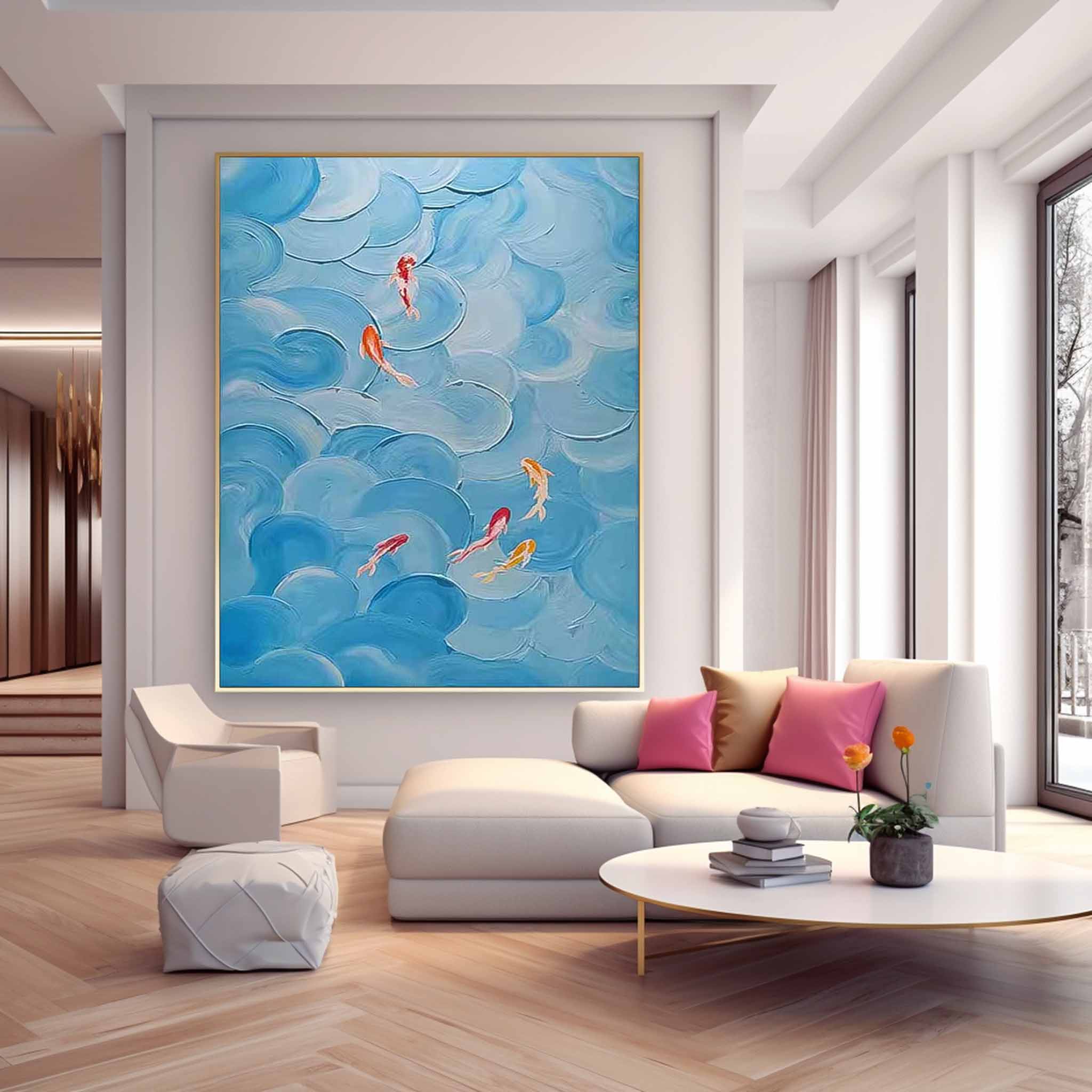 Warm Blue Large Contemporary Koi Acrylic Painting On Canvas Abstract Goldfish Oil Painting Original Artwork Decor