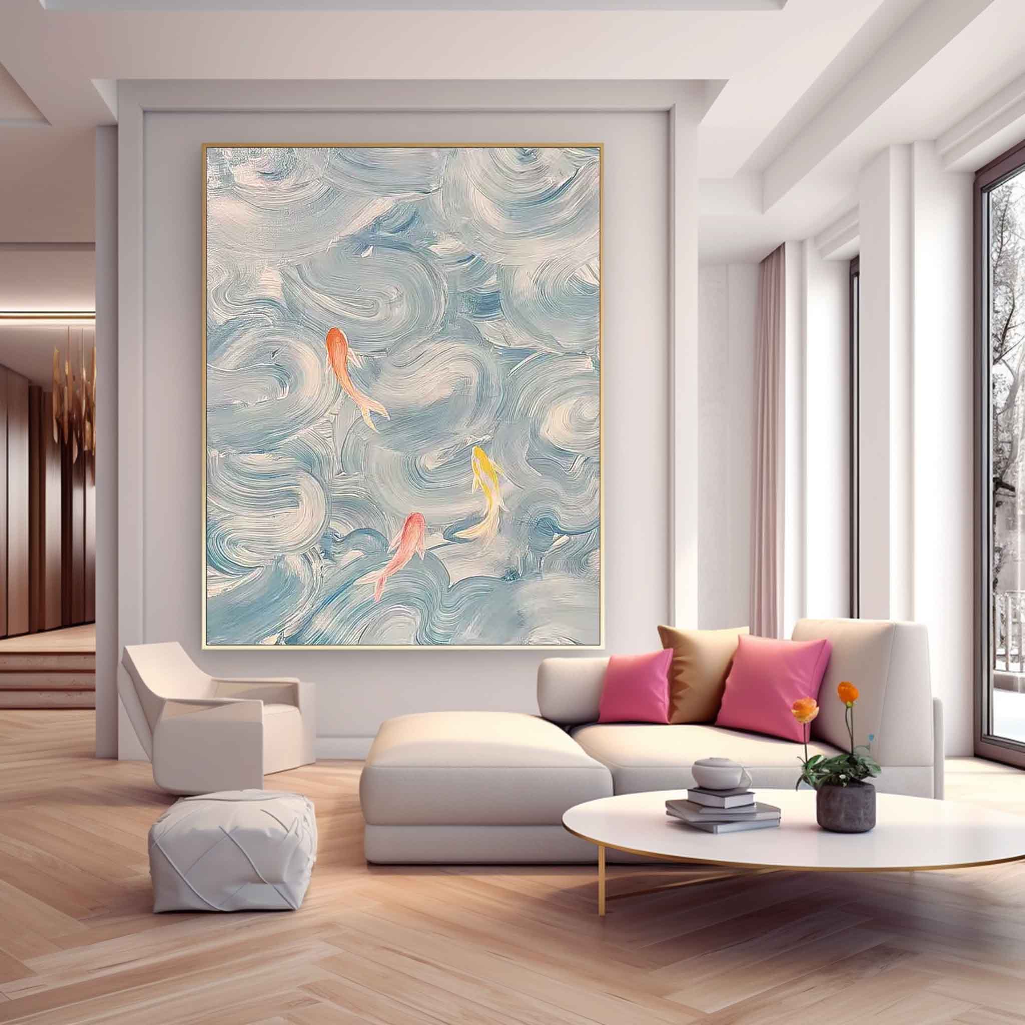 Bright Blue Large Contemporary Acrylic Painting On Canvas Abstract Goldfish Oil Painting Original Artwork Decor