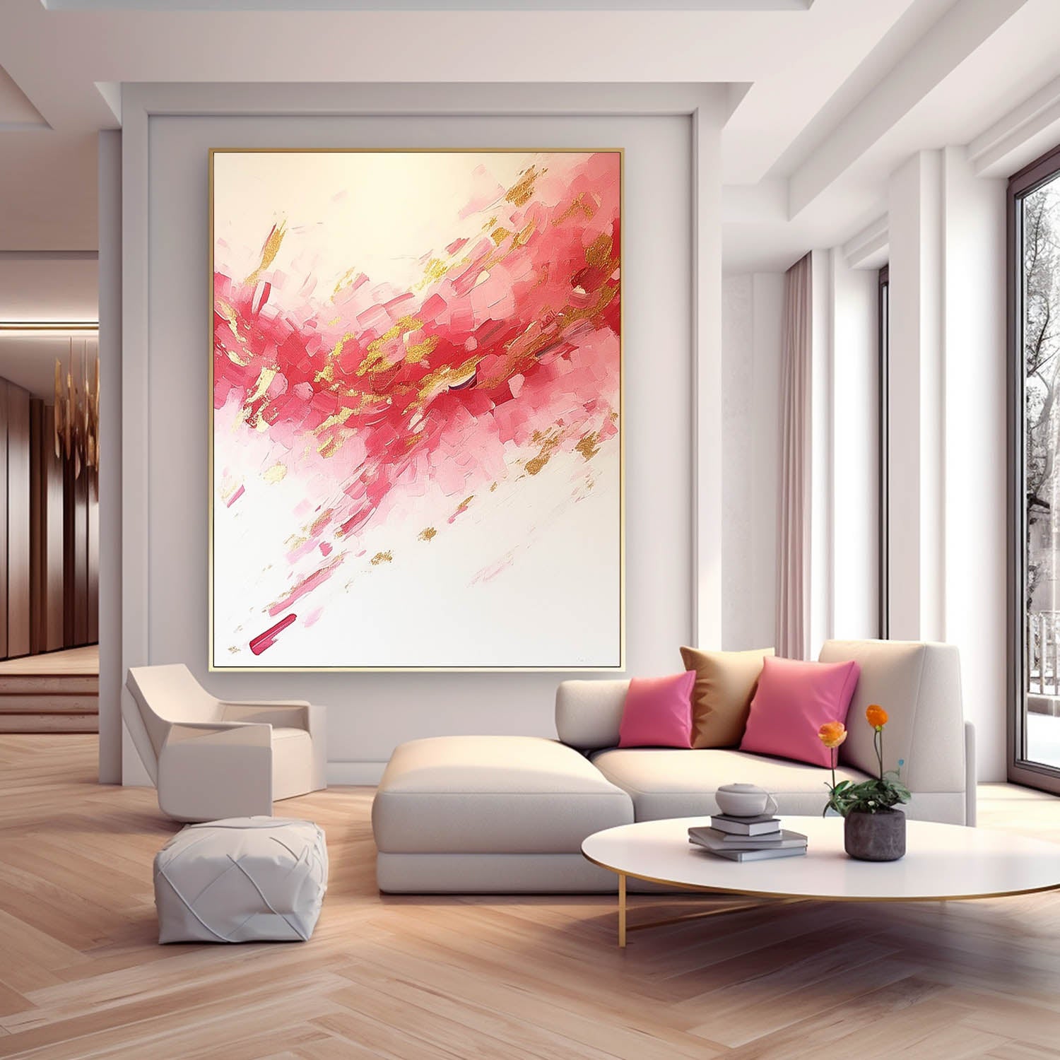 Large Pink Modern Acrylic Painting On Canvas Gold Texture Abstract Oil Painting High Quality Original Artwork