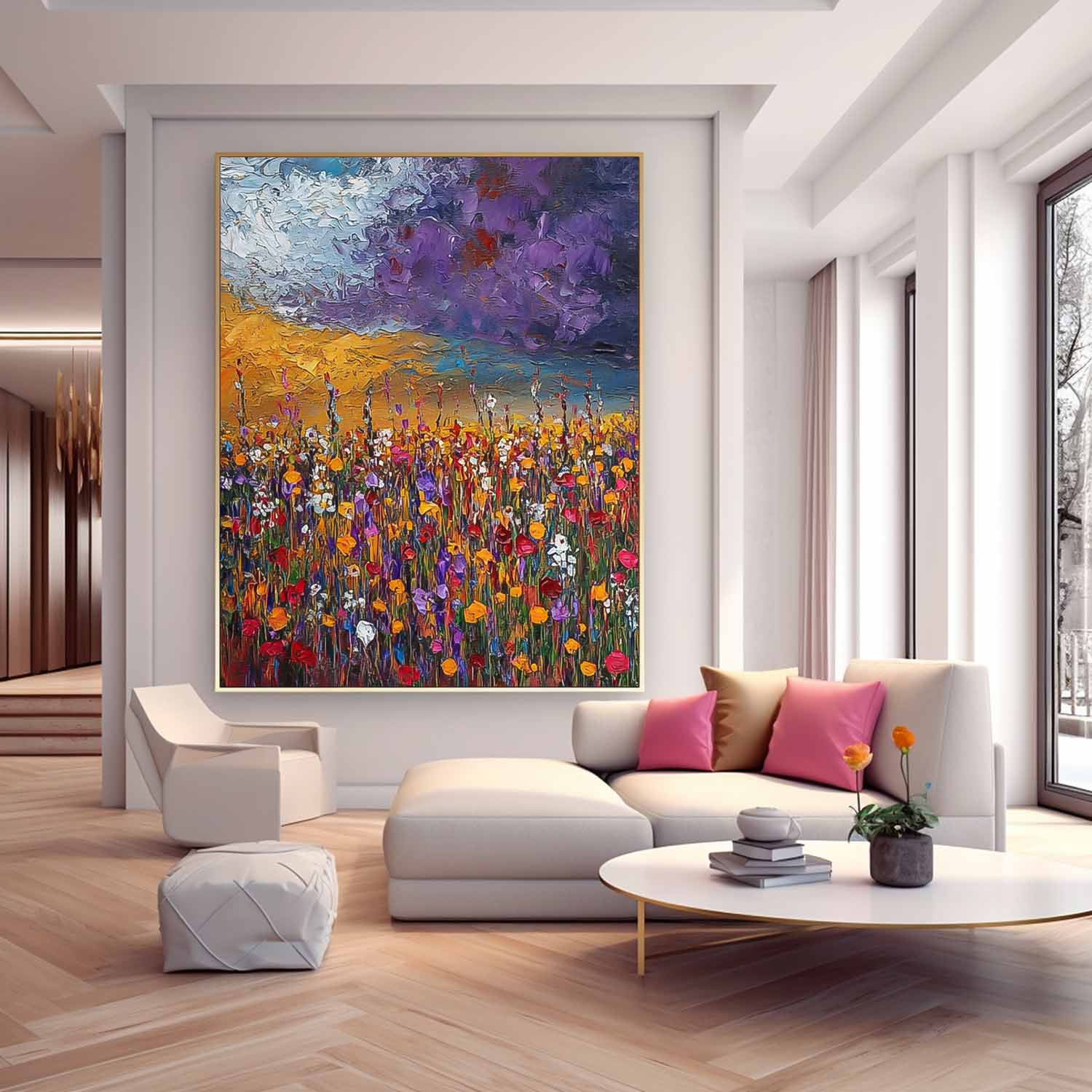 Large Spring Wall Art Abstract Purple Scenery Painting Original Landscape Oil Painting Living Room Decor