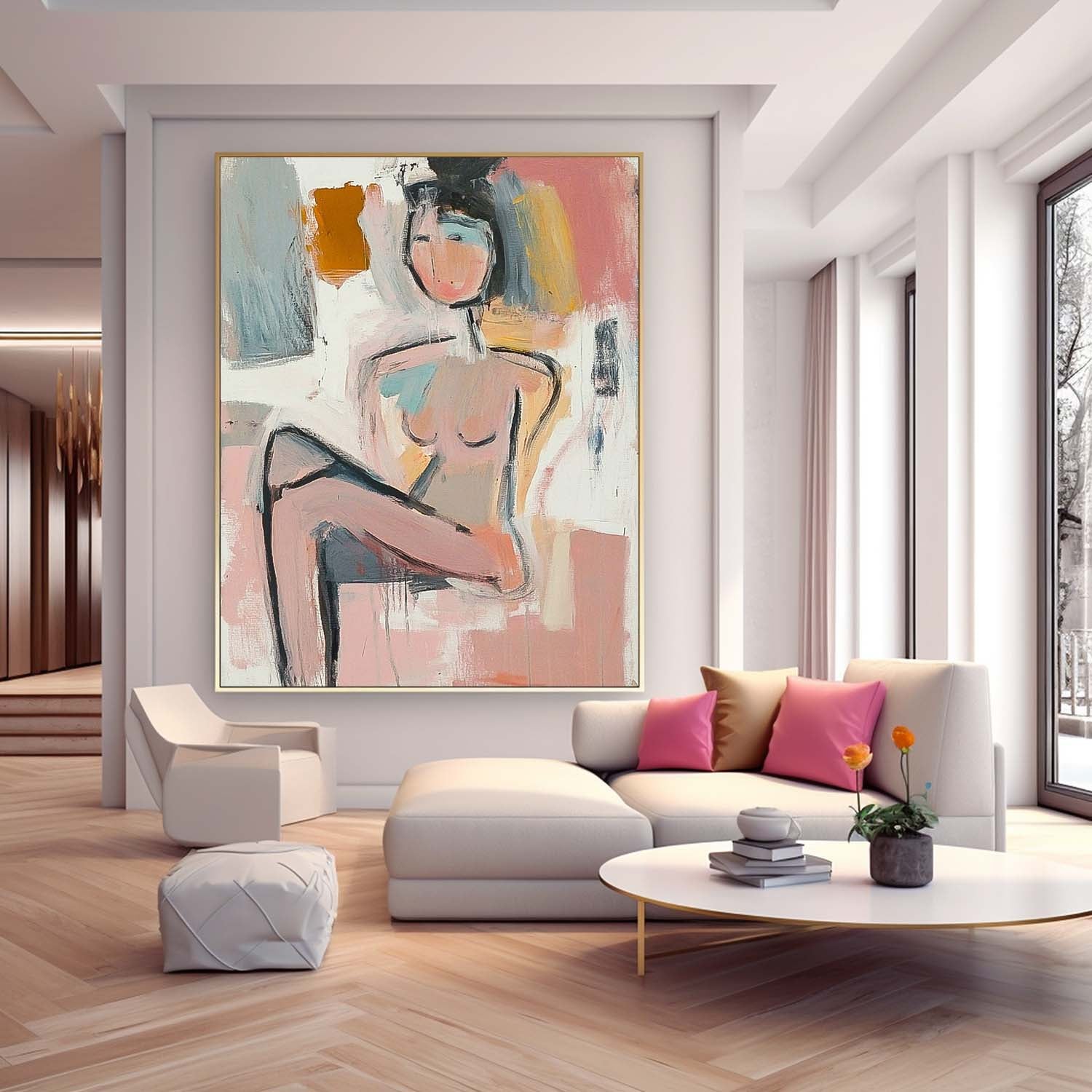Abstract Doodle Artwork Large Girl Painting Abstract Lady Painting Original Wall Art Framed For Living Room
