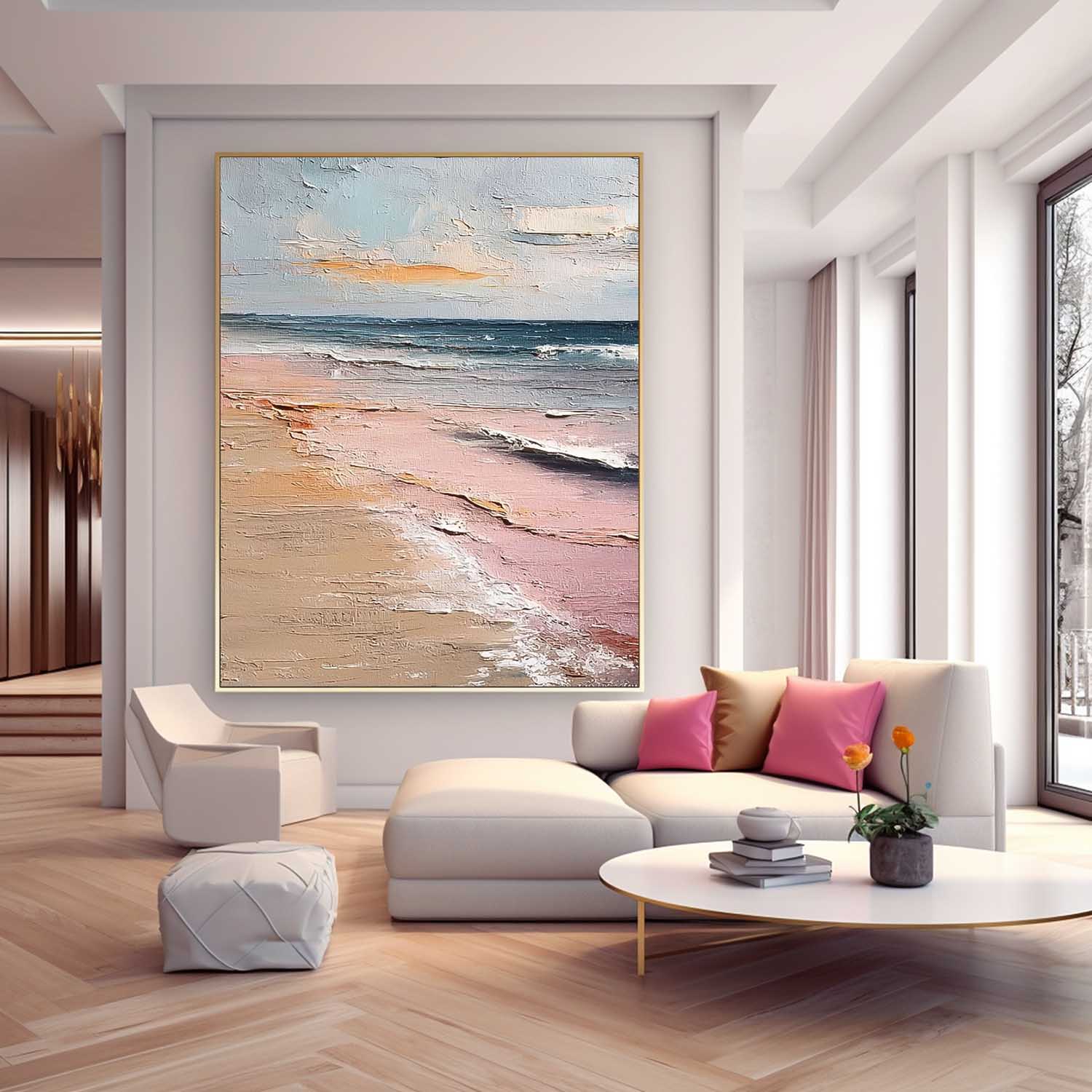 Pink Large Sea Wall Art Original Abstract Beach Oil Painting On Canvas Texture Artwork Home Decor