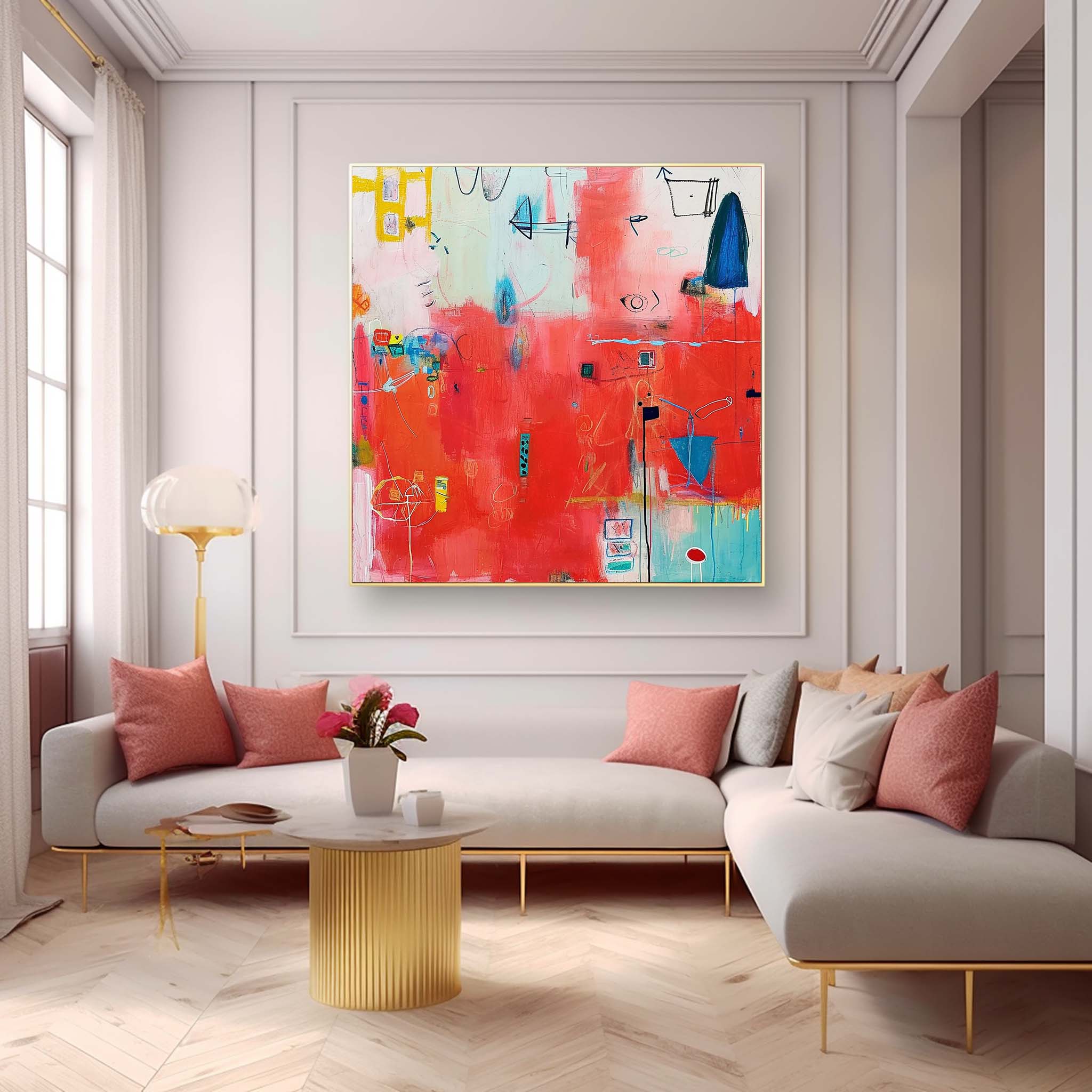 Contemporary Abstract Oil Painting Funny Doodles Original Wall Art New Red Abstract Painting Home Decor