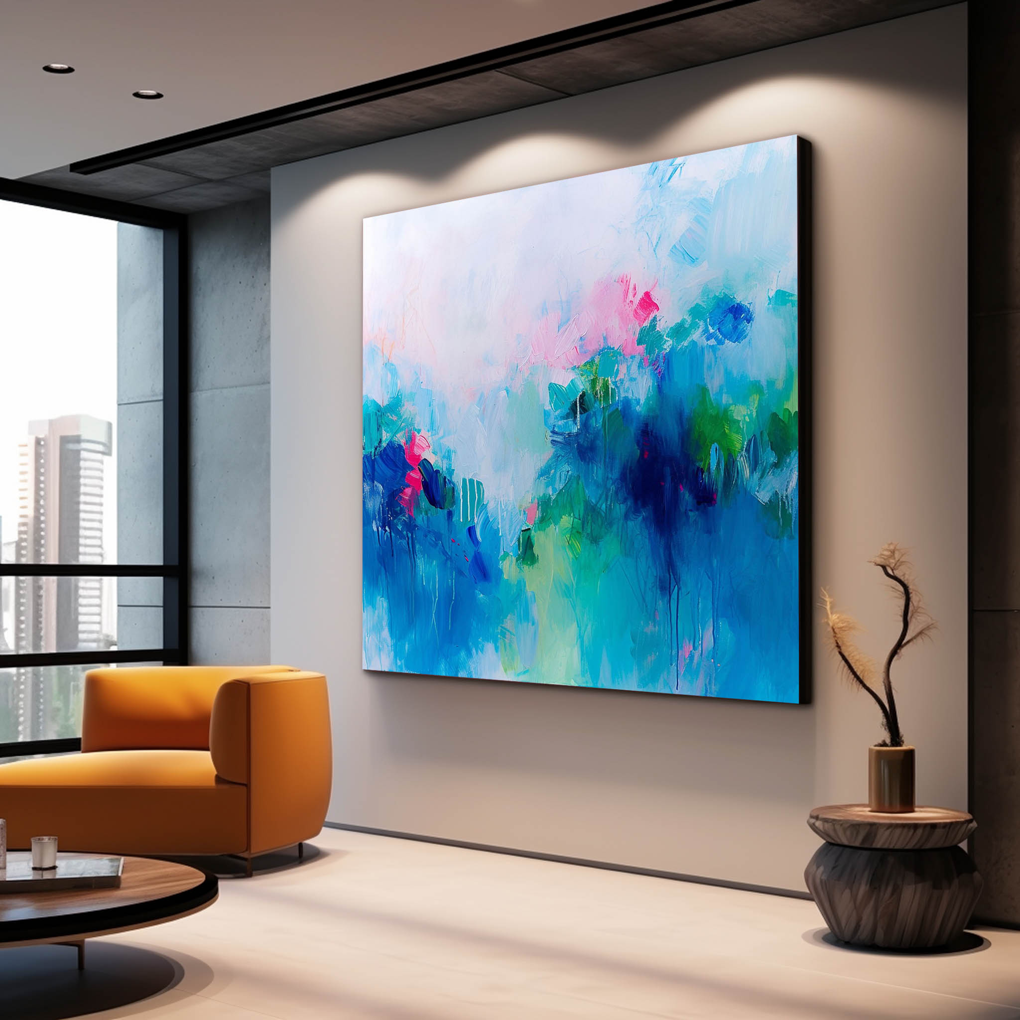 Framed Abstract Wall Art Original Abstract Ink Painting For Sale Warm Blue Painting Canvas For Living Room