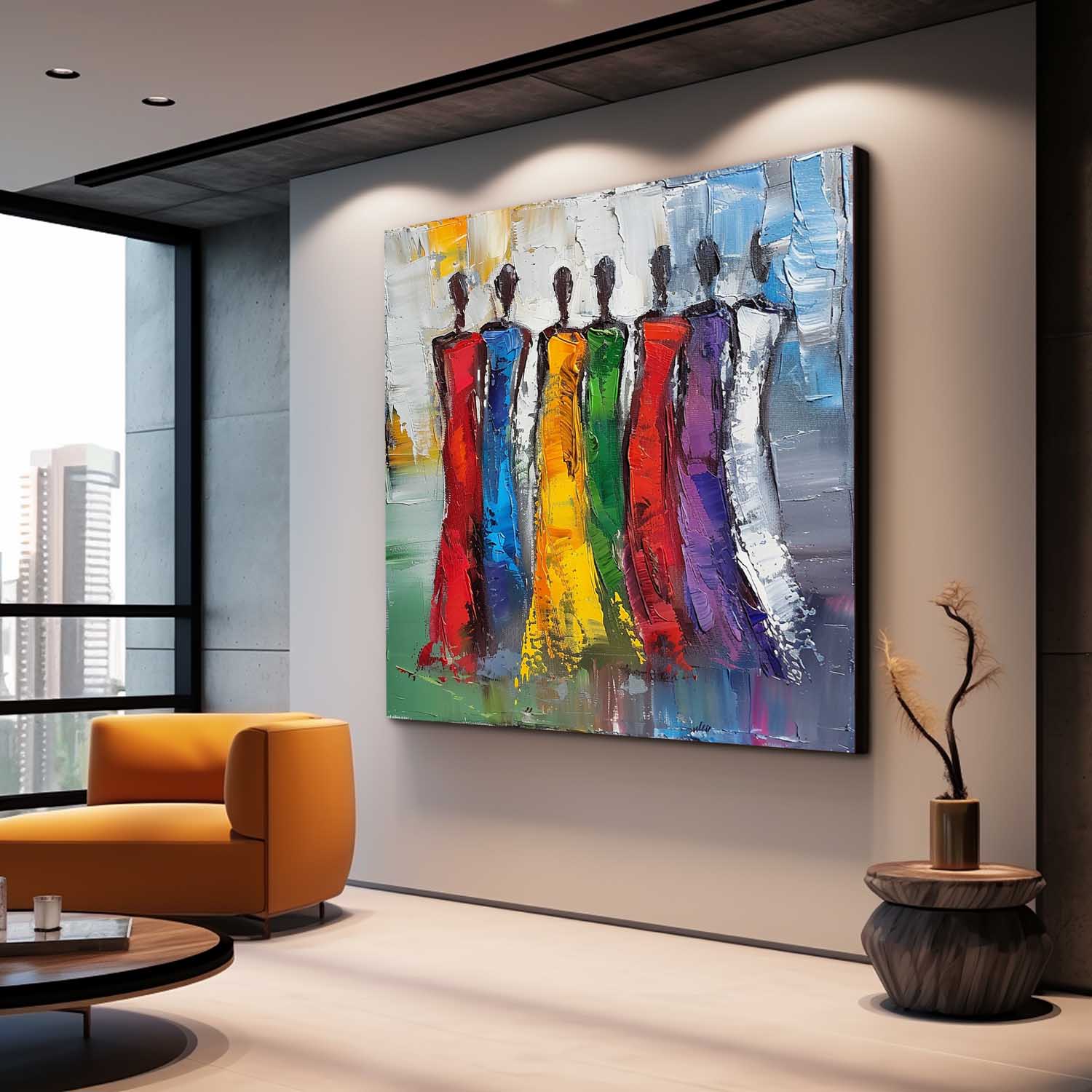Colorful Abstract people's Wall Art Original Woman Character Outline Painting Canvas Large Square Artwork