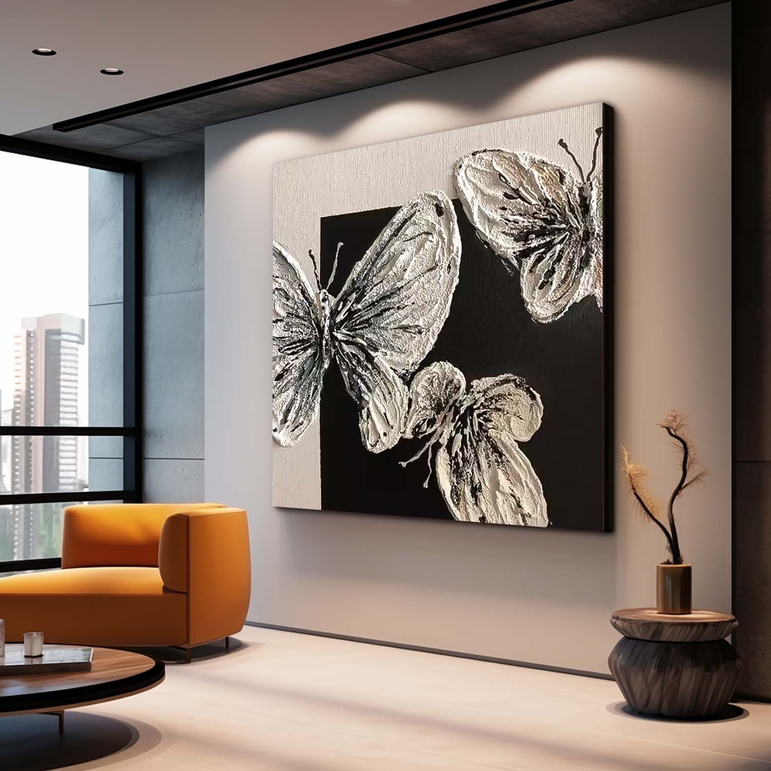 Modern Minimalist Black And White Butterfly Oil Painting Canvas Original Butterfly Wall Art Large Animal Artwork