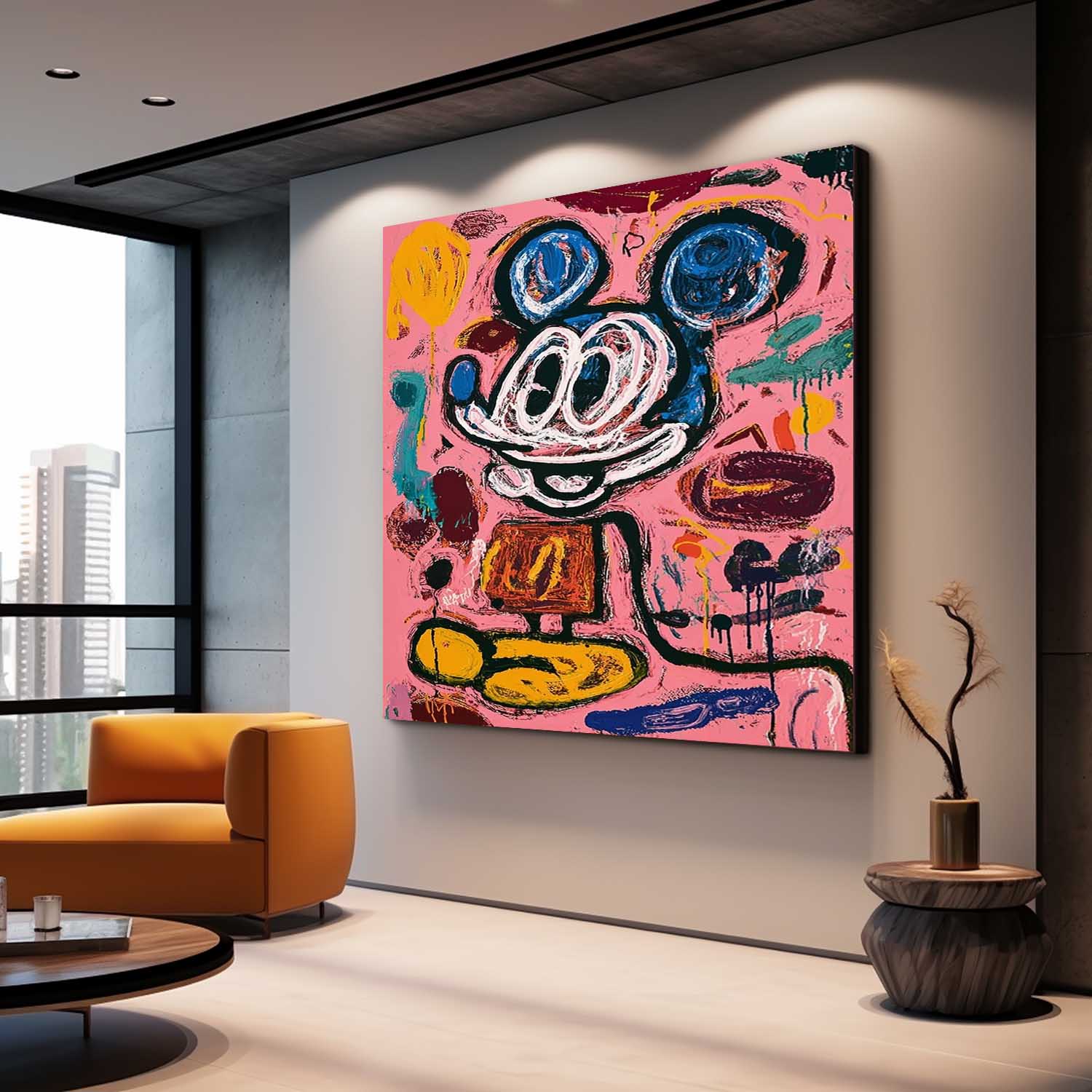 Pink Original Features Artwork Abstract Mickey Painting Canvas Large Graffiti Cartoon Figure Wall Art