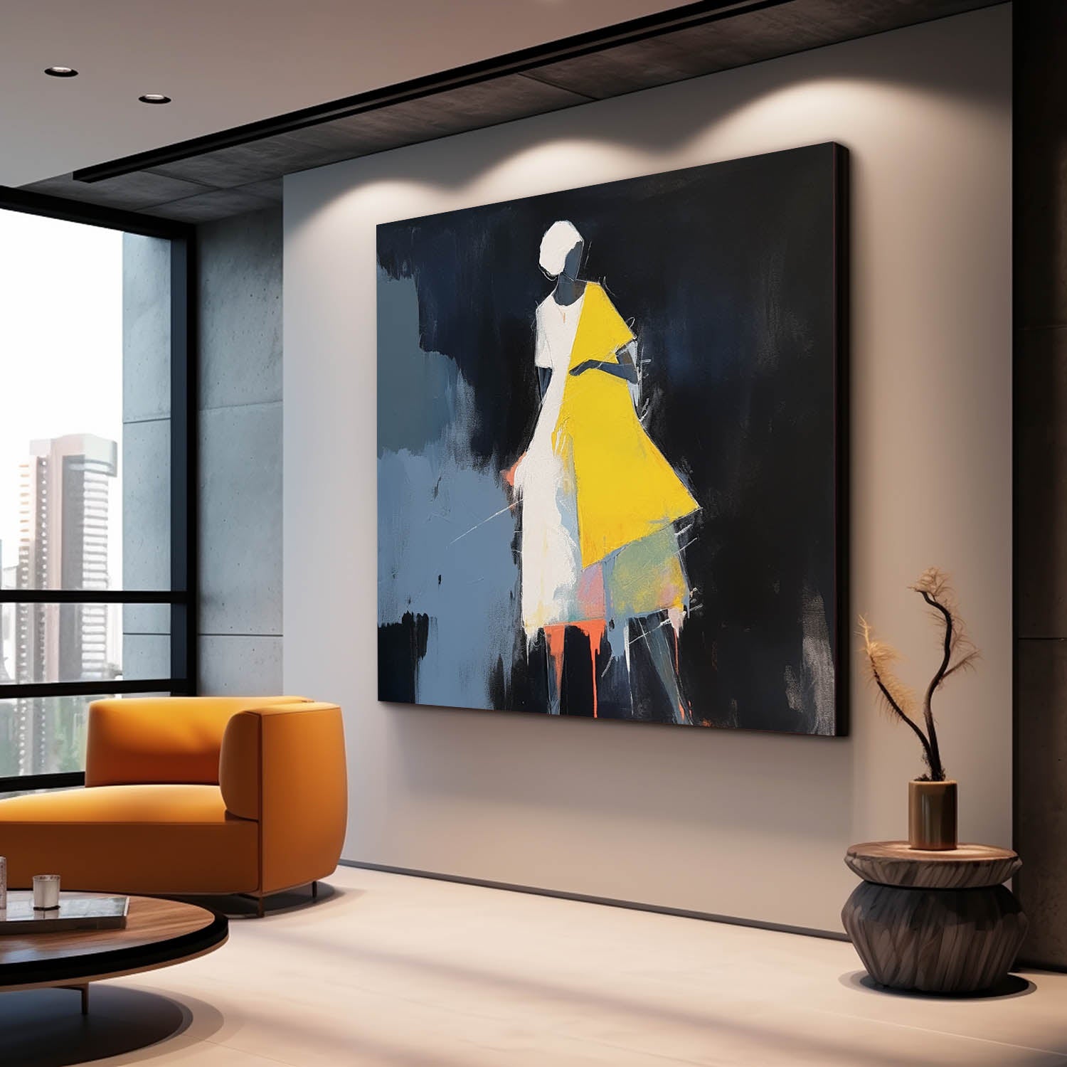 Black And Yellow Abstract people's Wall Art Original Character Outline Painting Canvas Large Square Artwork