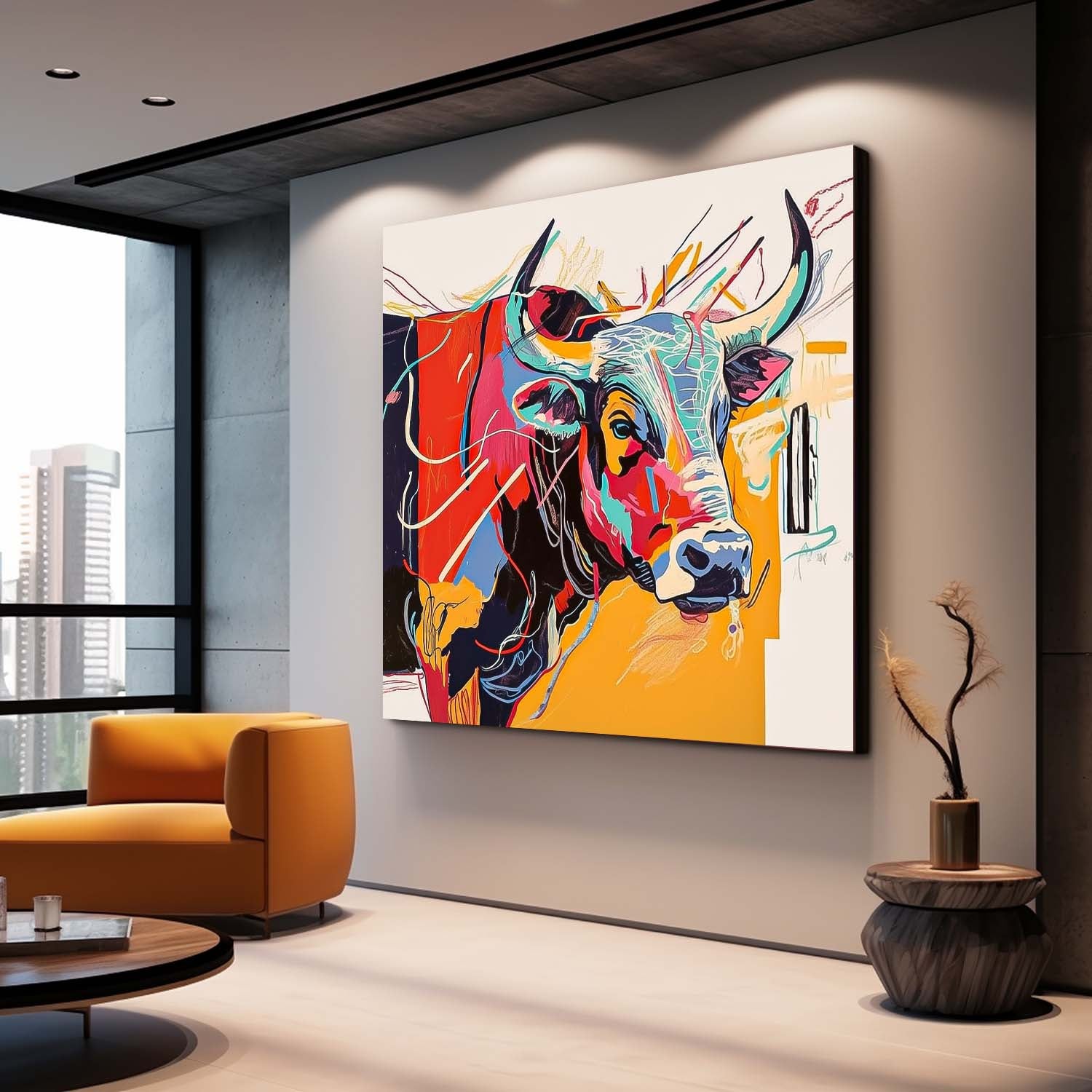 Large Colorful Animal Artwork Home Decor Square Ox Oil Painting Canvas Original Lovely Cow Wall Art